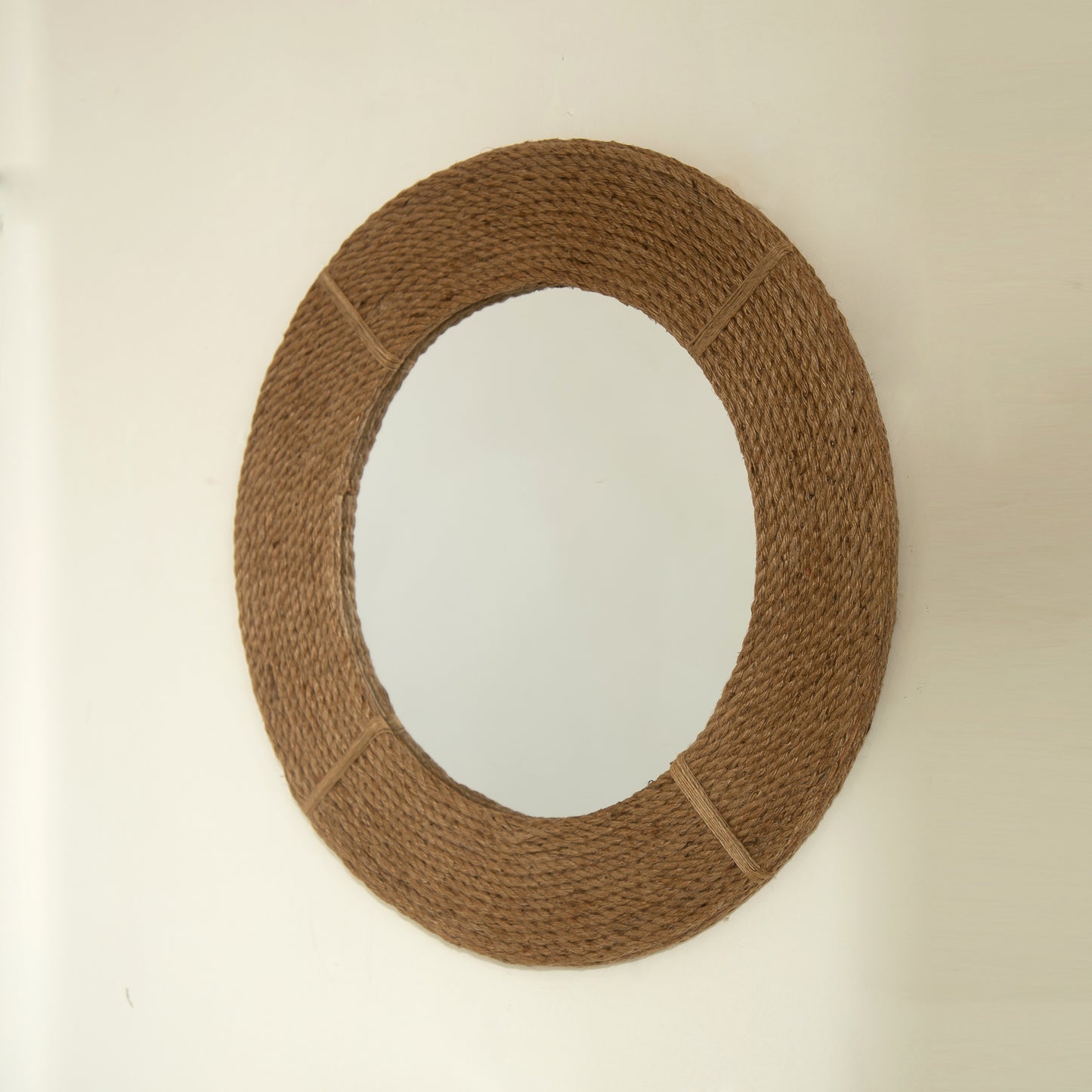 24'' Breeza Mirror, Hemp Hand-woven Artistry Wall Hanging Circle Bamboo Mirror, Earth Yellow, Suitable for Bathroom, Bedroom, Living Room