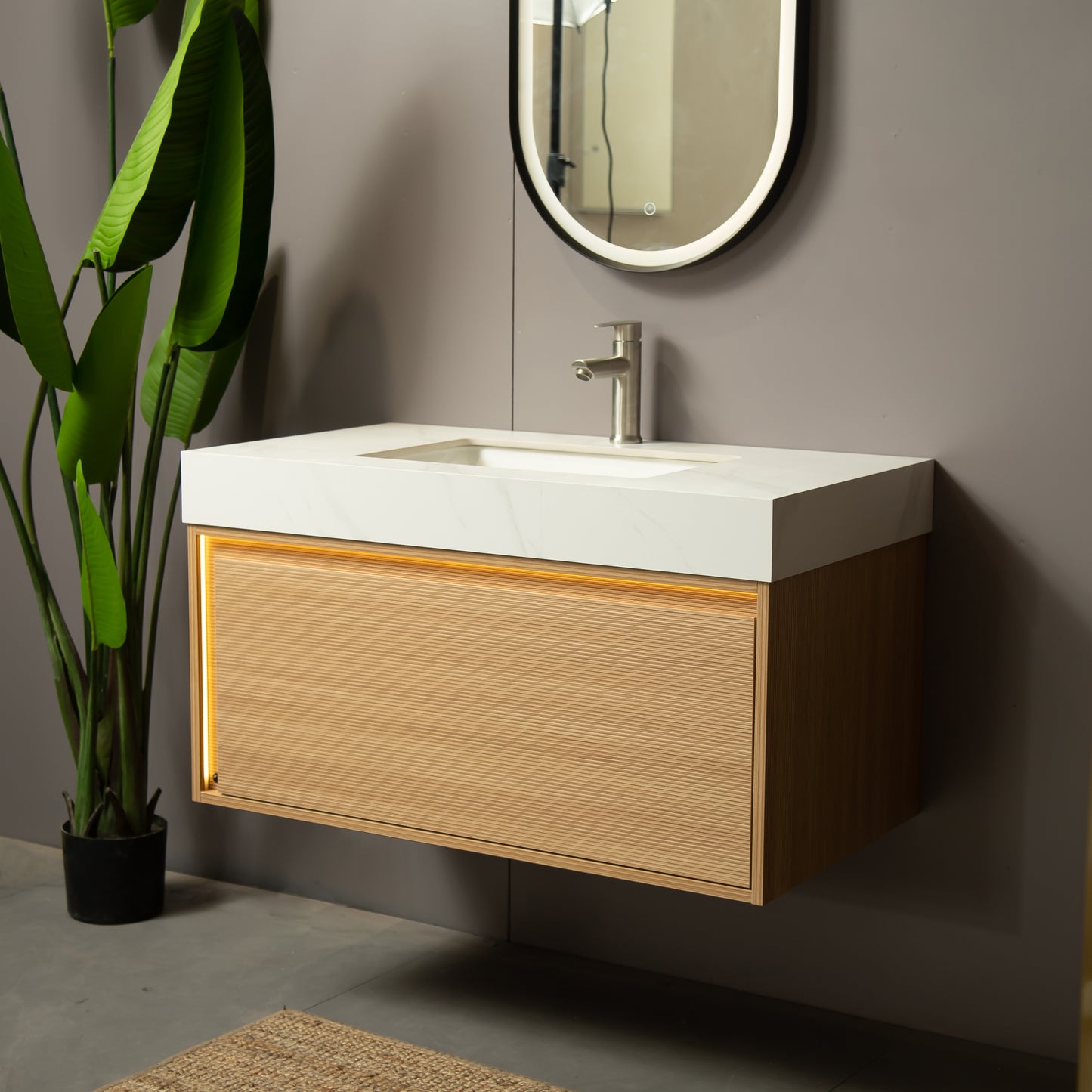 NYAH 60'' Bathroom Vanity&Sinks, Floating Ultra-Slim Grille Plywood Storage Cabinet, Carrara White