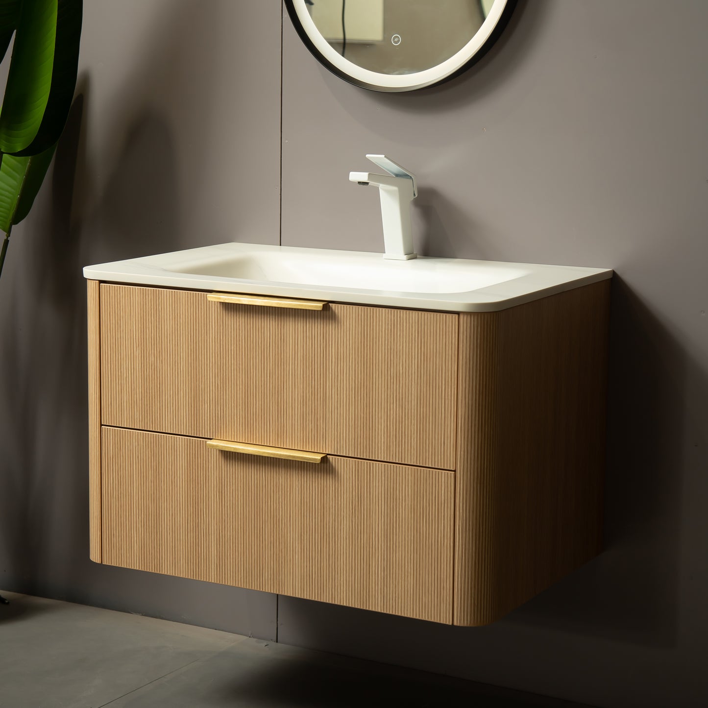 ZANE 36" Badezimmer-Waschtisch mit Waschbecken, schwebender Aufbewahrungsschrank aus Sperrholz mit ultra-Nadelstreifen und Schubladen, helle natürliche Holzmaserung