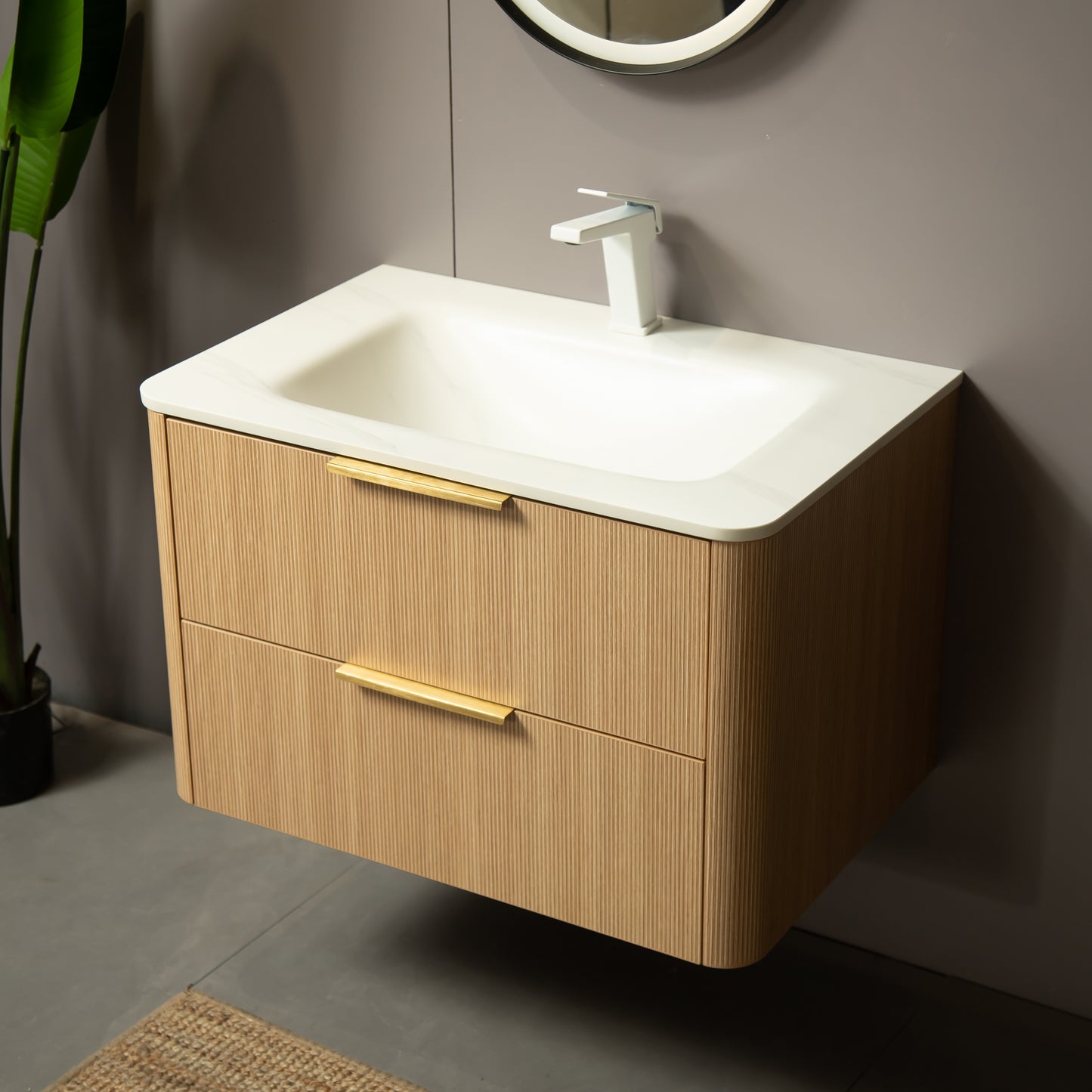 ZANE 36" Badezimmer-Waschtisch mit Waschbecken, schwebender Aufbewahrungsschrank aus Sperrholz mit ultra-Nadelstreifen und Schubladen, helle natürliche Holzmaserung