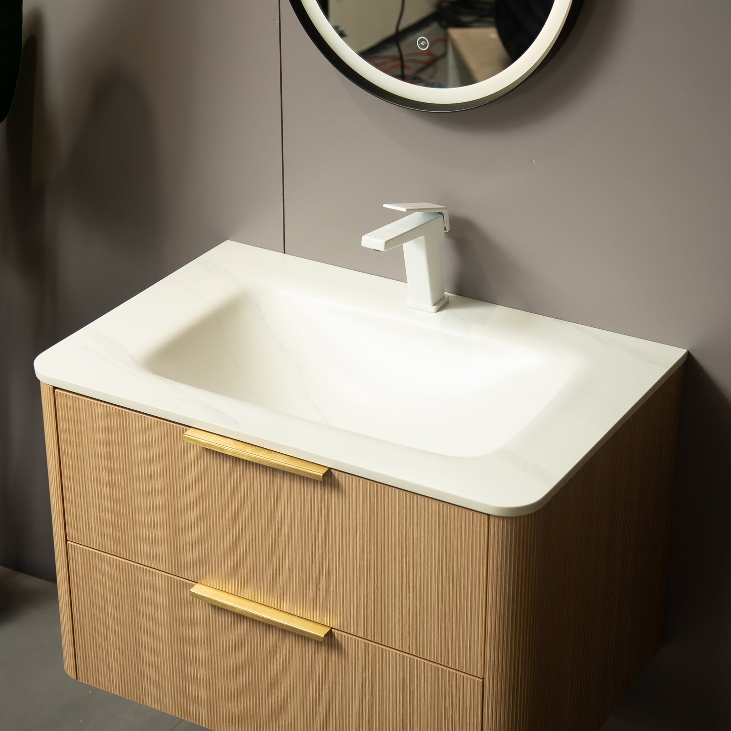 ZANE 36" Badezimmer-Waschtisch mit Waschbecken, schwebender Aufbewahrungsschrank aus Sperrholz mit ultra-Nadelstreifen und Schubladen, helle natürliche Holzmaserung