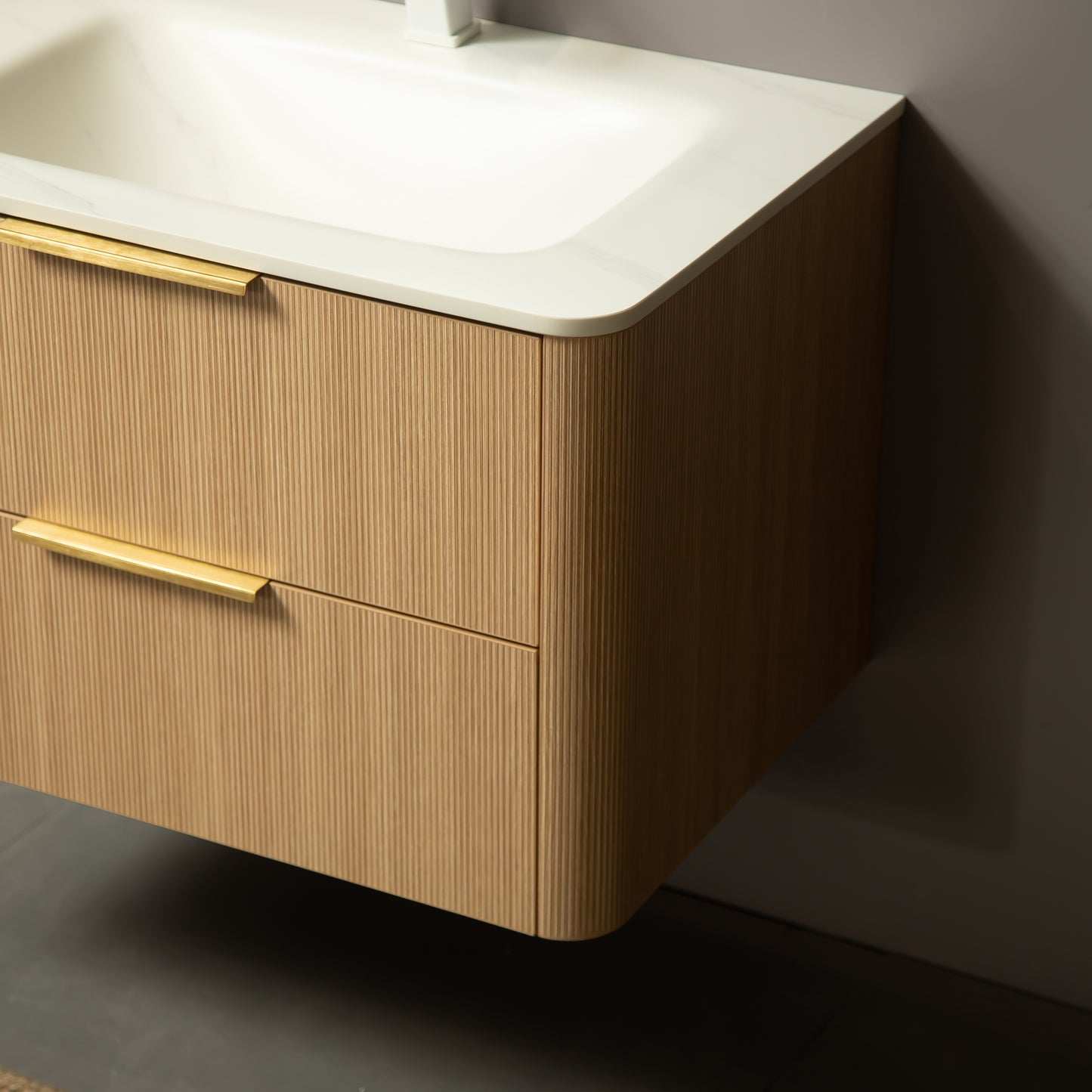 ZANE 36" Badezimmer-Waschtisch mit Waschbecken, schwebender Aufbewahrungsschrank aus Sperrholz mit ultra-Nadelstreifen und Schubladen, helle natürliche Holzmaserung