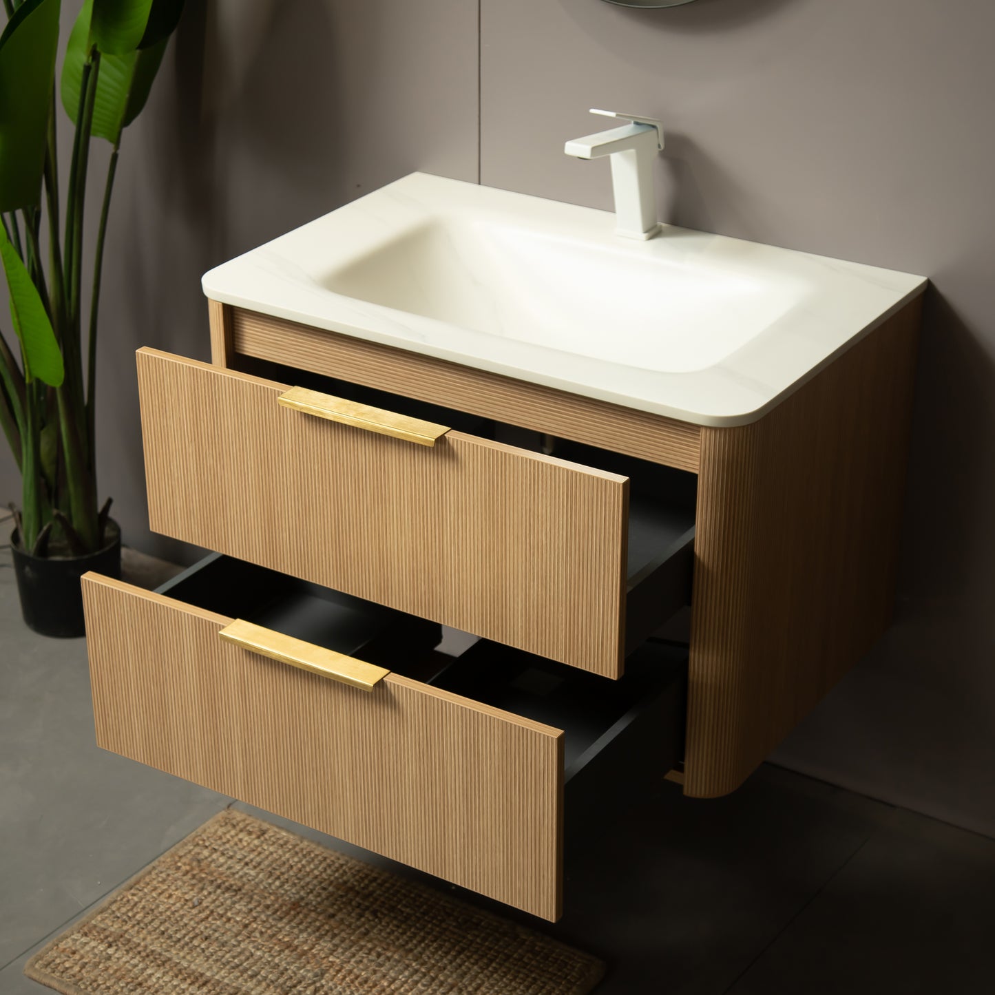 ZANE 36" Badezimmer-Waschtisch mit Waschbecken, schwebender Aufbewahrungsschrank aus Sperrholz mit ultra-Nadelstreifen und Schubladen, helle natürliche Holzmaserung