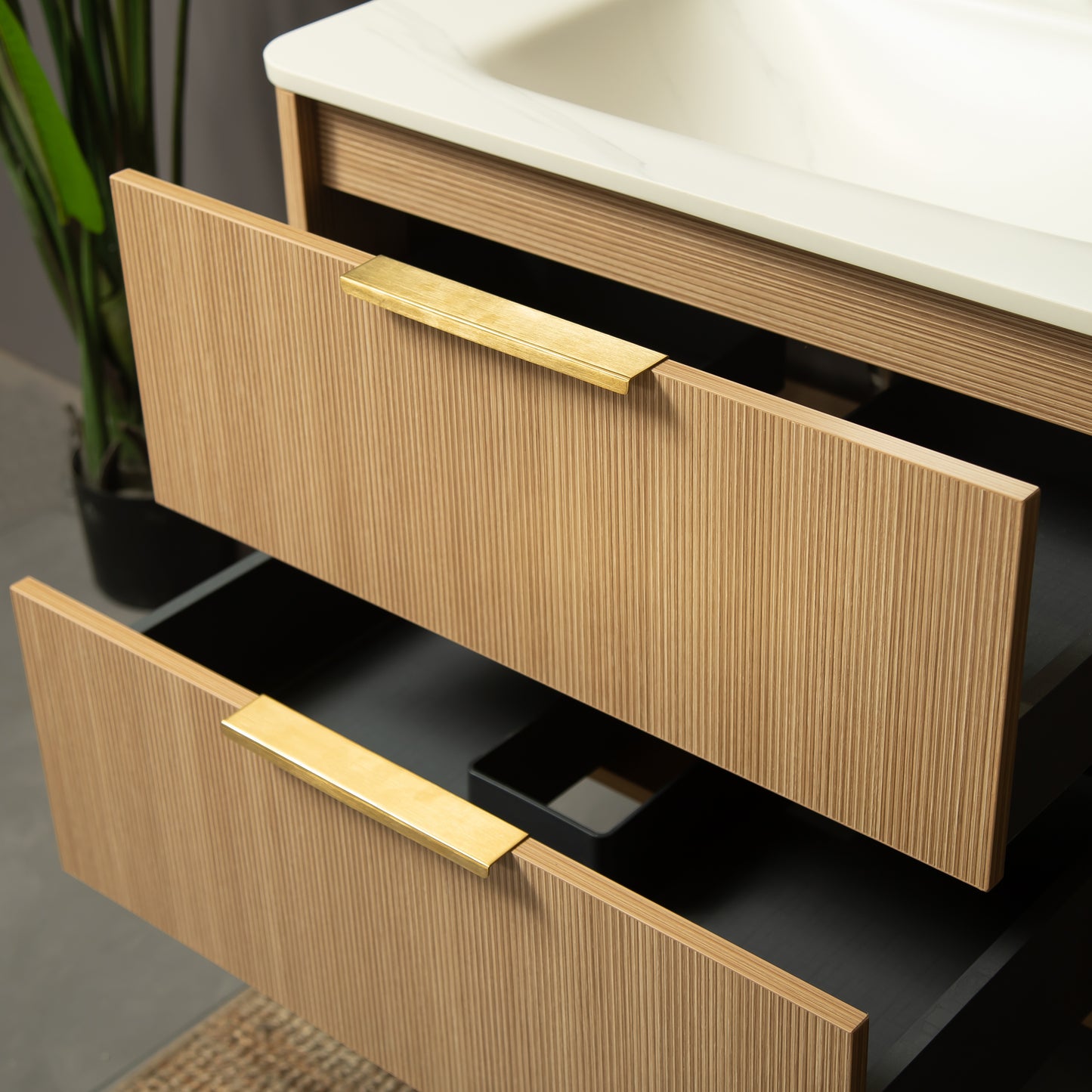 ZANE 36" Badezimmer-Waschtisch mit Waschbecken, schwebender Aufbewahrungsschrank aus Sperrholz mit ultra-Nadelstreifen und Schubladen, helle natürliche Holzmaserung