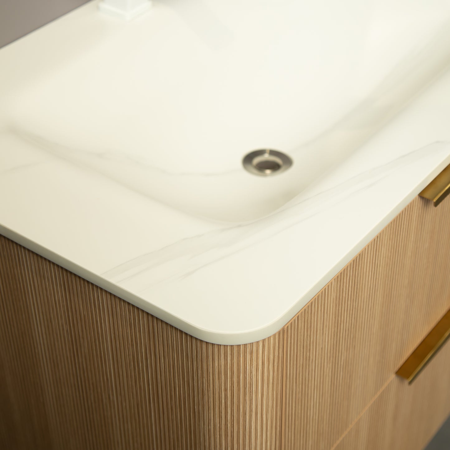 ZANE 36" Badezimmer-Waschtisch mit Waschbecken, schwebender Aufbewahrungsschrank aus Sperrholz mit ultra-Nadelstreifen und Schubladen, helle natürliche Holzmaserung