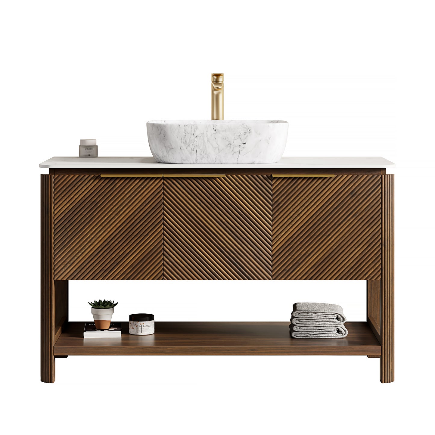 INDIGO 60" Bathroom Vanity&Sinks, Freestanding Plywood Storage Cabinet with 4 Diagonal Striped Doors&Open Shelf, 2 Marble Pattern Ceramic Basins&Carrara White Sintered Stone Top, Dark Walnut Woodgrain