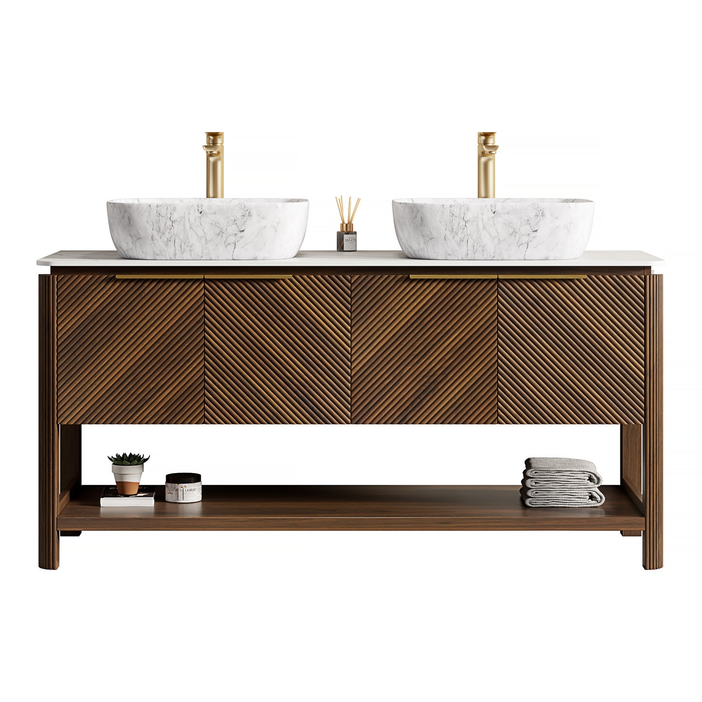 INDIGO 60" Bathroom Vanity&Sinks, Freestanding Plywood Storage Cabinet with 4 Diagonal Striped Doors&Open Shelf, 2 Marble Pattern Ceramic Basins&Carrara White Sintered Stone Top, Dark Walnut Woodgrain
