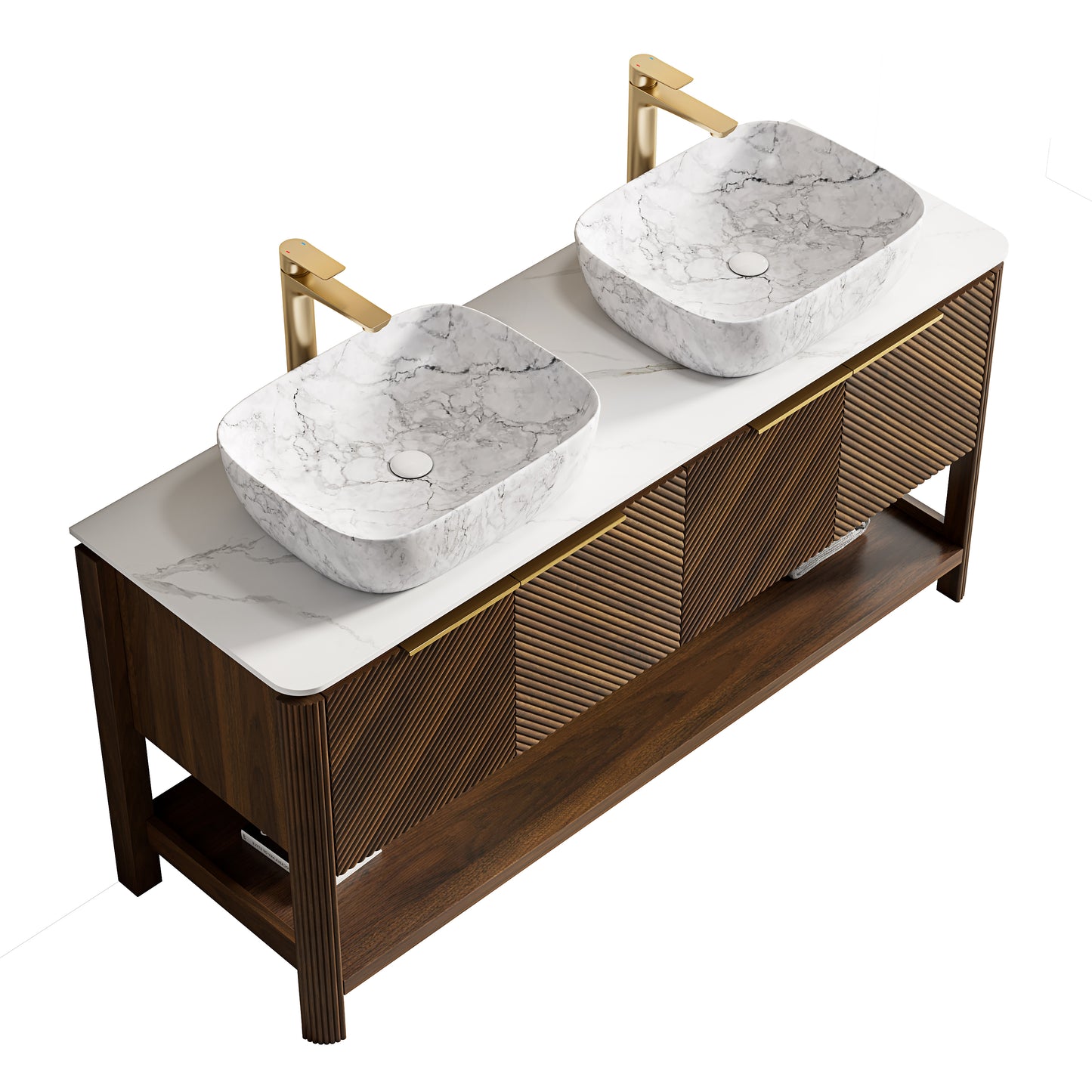INDIGO 60" Bathroom Vanity&Sinks, Freestanding Plywood Storage Cabinet with 4 Diagonal Striped Doors&Open Shelf, 2 Marble Pattern Ceramic Basins&Carrara White Sintered Stone Top, Dark Walnut Woodgrain