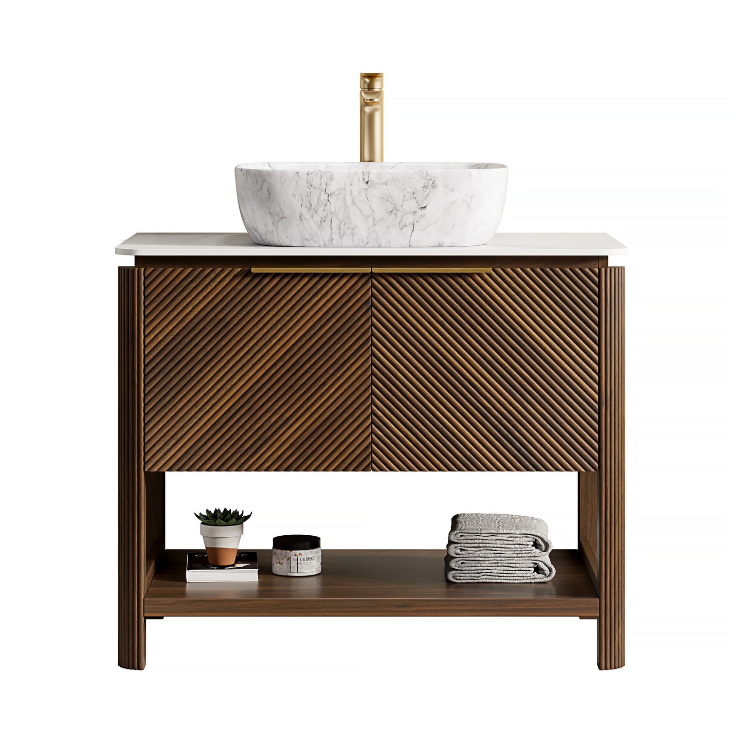 INDIGO 60" Bathroom Vanity&Sinks, Freestanding Plywood Storage Cabinet with 4 Diagonal Striped Doors&Open Shelf, 2 Marble Pattern Ceramic Basins&Carrara White Sintered Stone Top, Dark Walnut Woodgrain