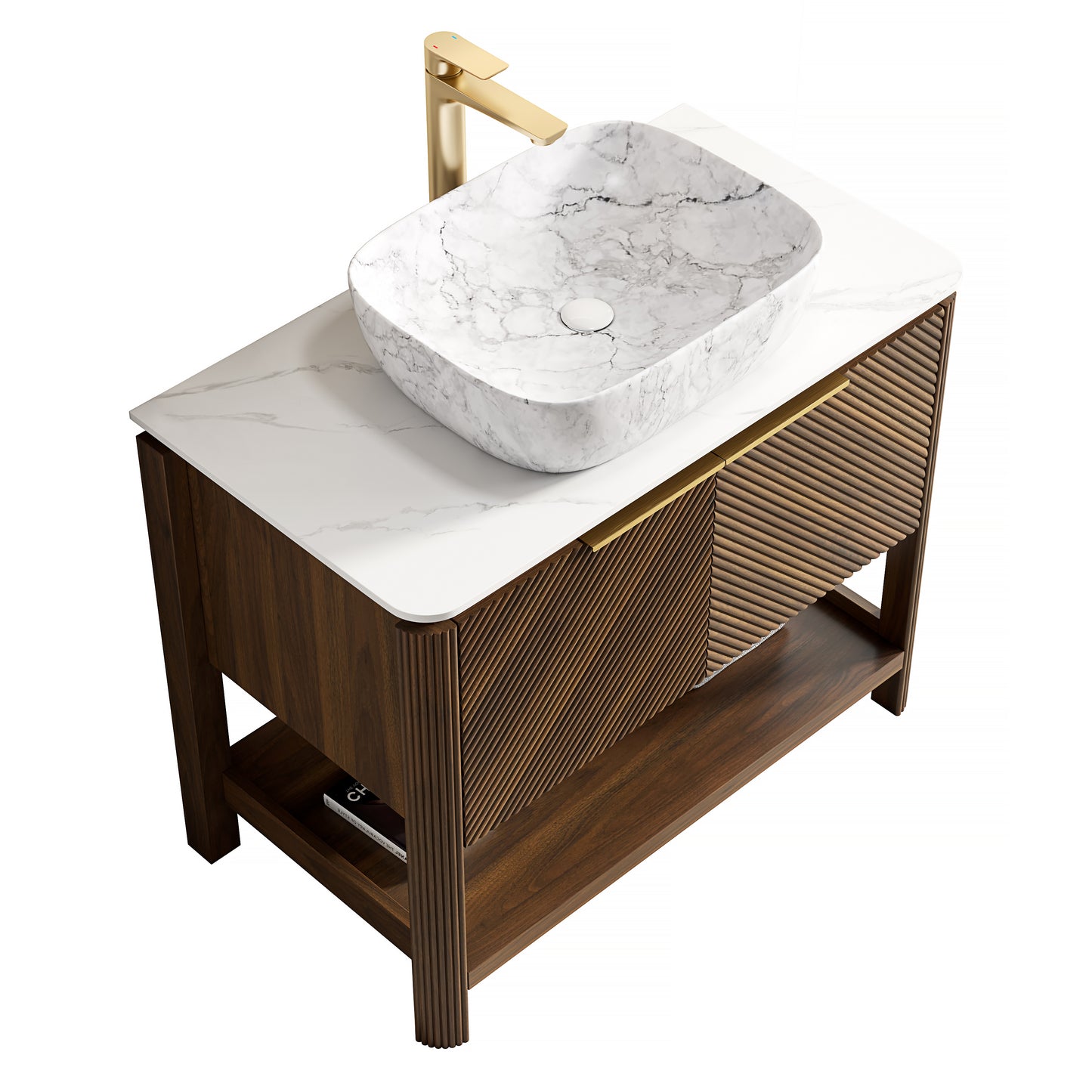 INDIGO 60" Bathroom Vanity&Sinks, Freestanding Plywood Storage Cabinet with 4 Diagonal Striped Doors&Open Shelf, 2 Marble Pattern Ceramic Basins&Carrara White Sintered Stone Top, Dark Walnut Woodgrain