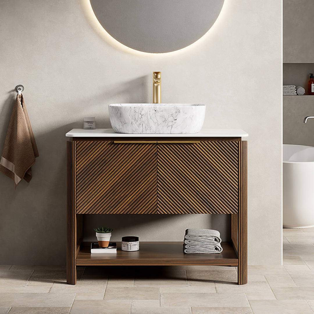 INDIGO 60" Bathroom Vanity&Sinks, Freestanding Plywood Storage Cabinet with 4 Diagonal Striped Doors&Open Shelf, 2 Marble Pattern Ceramic Basins&Carrara White Sintered Stone Top, Dark Walnut Woodgrain