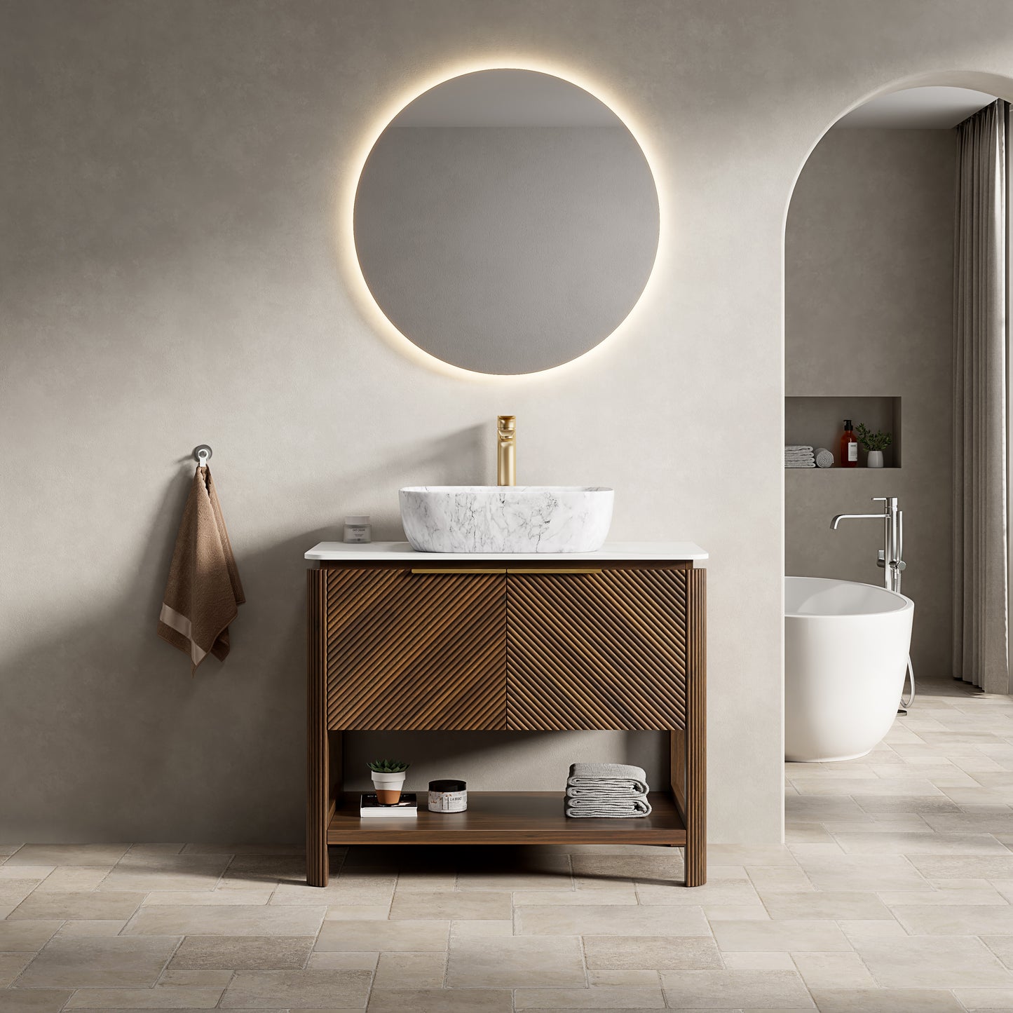 INDIGO 60" Bathroom Vanity&Sinks, Freestanding Plywood Storage Cabinet with 4 Diagonal Striped Doors&Open Shelf, 2 Marble Pattern Ceramic Basins&Carrara White Sintered Stone Top, Dark Walnut Woodgrain