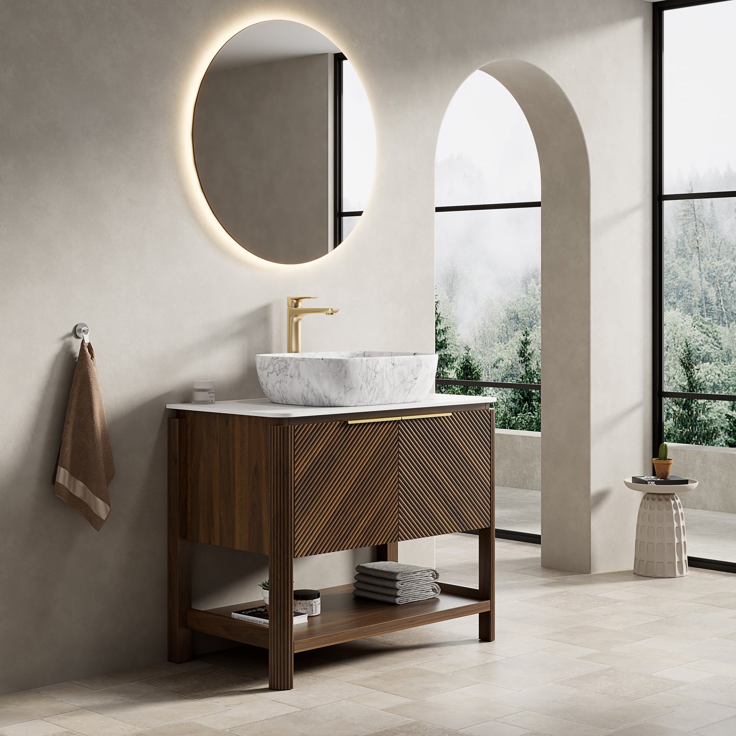 INDIGO 60" Bathroom Vanity&Sinks, Freestanding Plywood Storage Cabinet with 4 Diagonal Striped Doors&Open Shelf, 2 Marble Pattern Ceramic Basins&Carrara White Sintered Stone Top, Dark Walnut Woodgrain