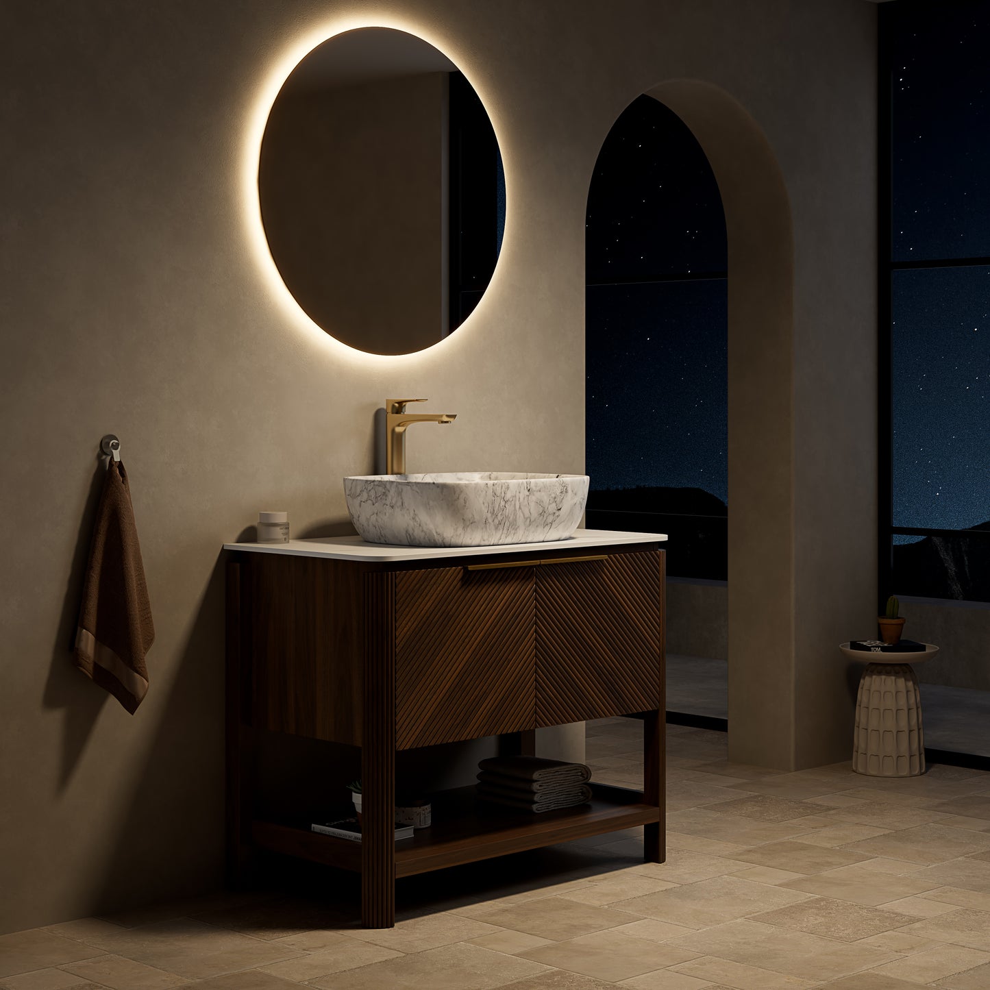 INDIGO 60" Bathroom Vanity&Sinks, Freestanding Plywood Storage Cabinet with 4 Diagonal Striped Doors&Open Shelf, 2 Marble Pattern Ceramic Basins&Carrara White Sintered Stone Top, Dark Walnut Woodgrain