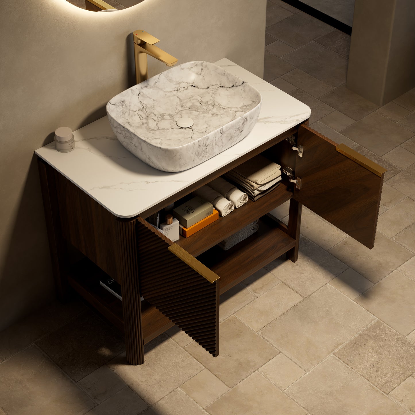 INDIGO 60" Bathroom Vanity&Sinks, Freestanding Plywood Storage Cabinet with 4 Diagonal Striped Doors&Open Shelf, 2 Marble Pattern Ceramic Basins&Carrara White Sintered Stone Top, Dark Walnut Woodgrain