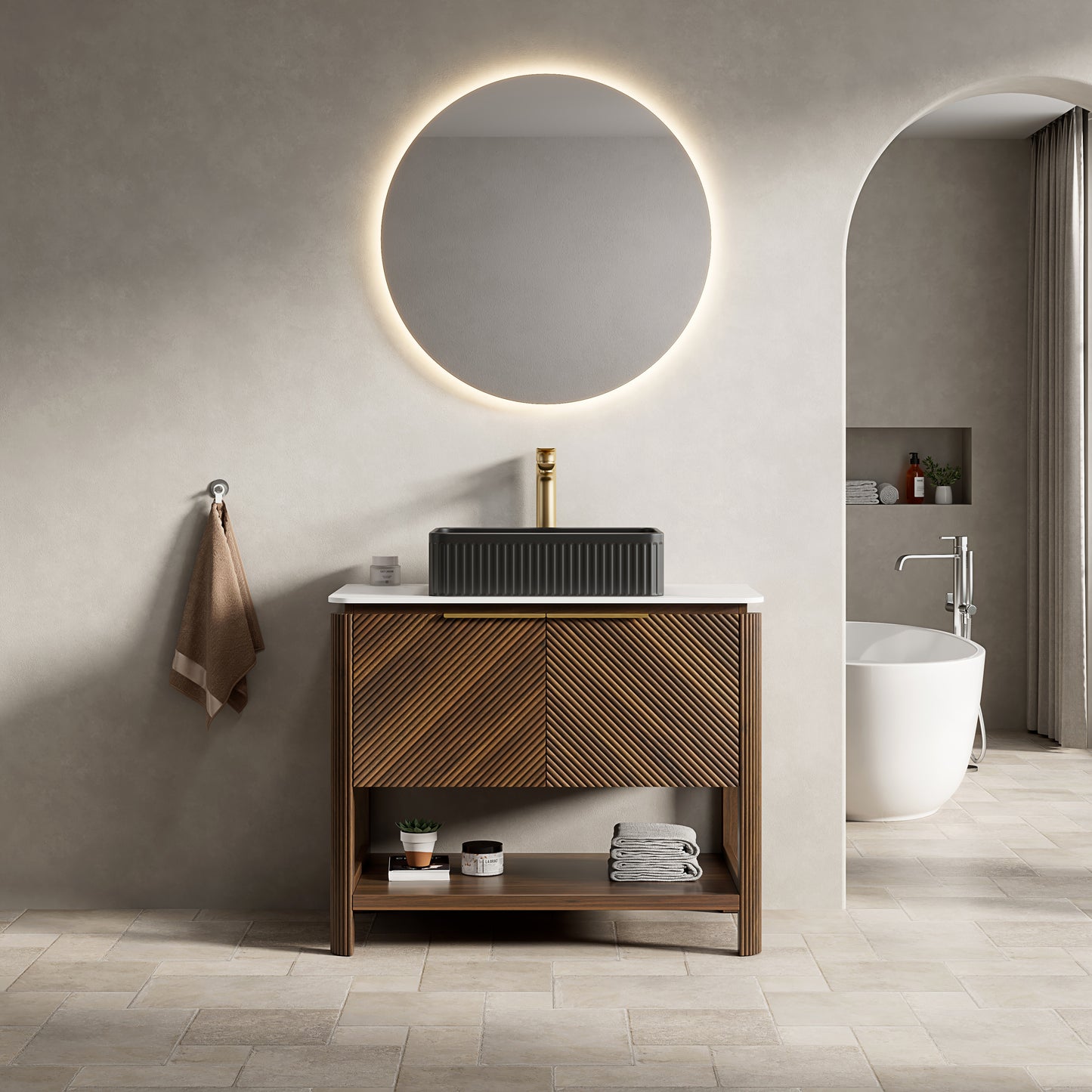 INDIGO 60" Bathroom Vanity&Sinks, Freestanding Plywood Storage Cabinet with 4 Diagonal Striped Doors&Open Shelf, 2 Marble Pattern Ceramic Basins&Carrara White Sintered Stone Top, Dark Walnut Woodgrain