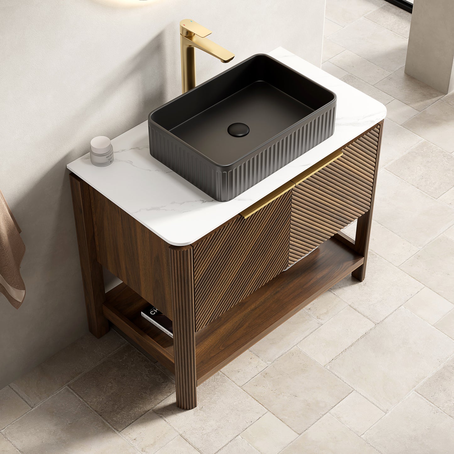 INDIGO 60" Bathroom Vanity&Sinks, Freestanding Plywood Storage Cabinet with 4 Diagonal Striped Doors&Open Shelf, 2 Marble Pattern Ceramic Basins&Carrara White Sintered Stone Top, Dark Walnut Woodgrain