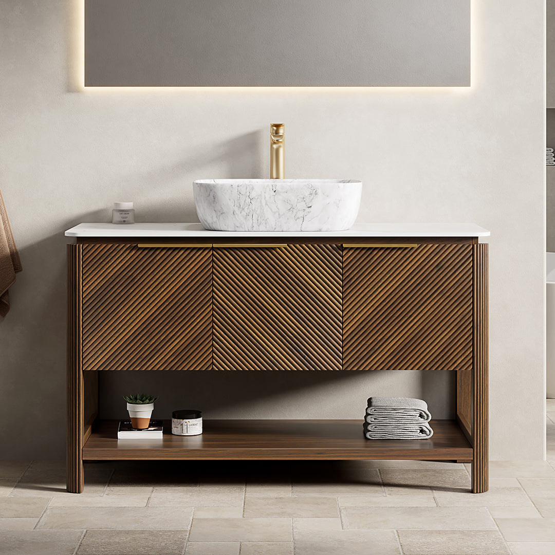 INDIGO 60" Bathroom Vanity&Sinks, Freestanding Plywood Storage Cabinet with 4 Diagonal Striped Doors&Open Shelf, 2 Marble Pattern Ceramic Basins&Carrara White Sintered Stone Top, Dark Walnut Woodgrain
