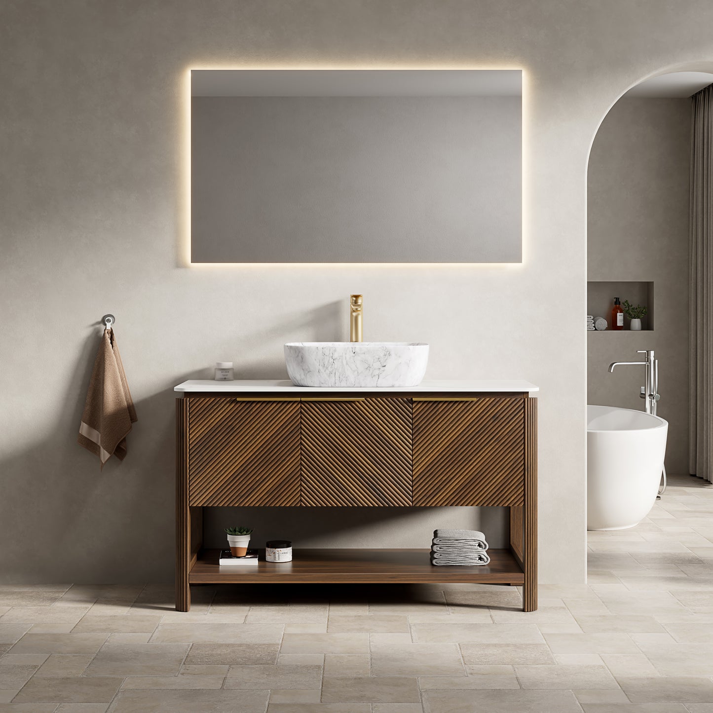 INDIGO 60" Bathroom Vanity&Sinks, Freestanding Plywood Storage Cabinet with 4 Diagonal Striped Doors&Open Shelf, 2 Marble Pattern Ceramic Basins&Carrara White Sintered Stone Top, Dark Walnut Woodgrain