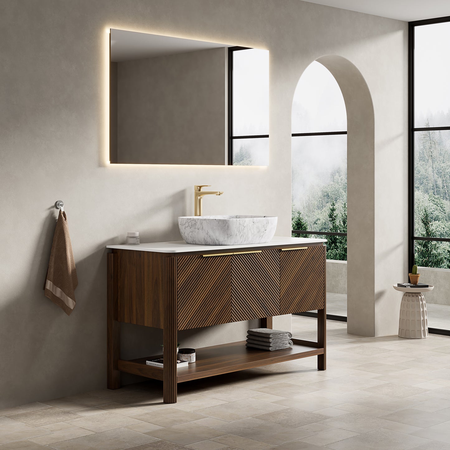 INDIGO 60" Bathroom Vanity&Sinks, Freestanding Plywood Storage Cabinet with 4 Diagonal Striped Doors&Open Shelf, 2 Marble Pattern Ceramic Basins&Carrara White Sintered Stone Top, Dark Walnut Woodgrain