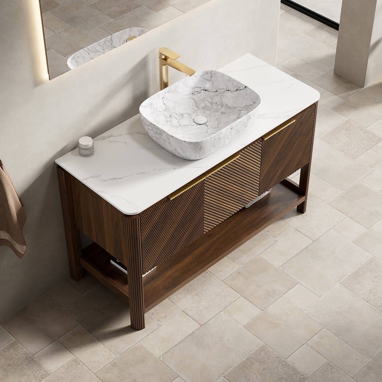 INDIGO 60" Bathroom Vanity&Sinks, Freestanding Plywood Storage Cabinet with 4 Diagonal Striped Doors&Open Shelf, 2 Marble Pattern Ceramic Basins&Carrara White Sintered Stone Top, Dark Walnut Woodgrain