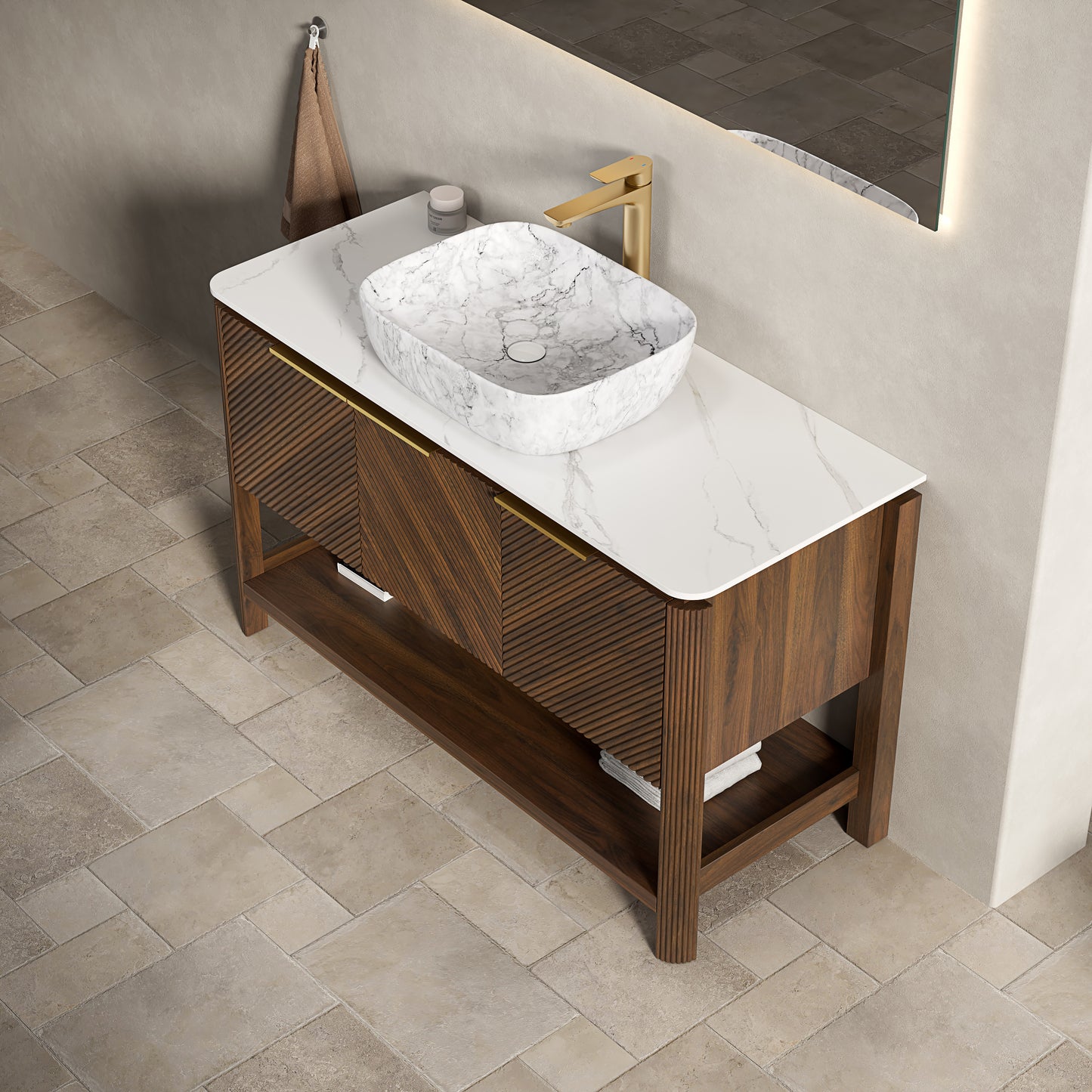 INDIGO 60" Bathroom Vanity&Sinks, Freestanding Plywood Storage Cabinet with 4 Diagonal Striped Doors&Open Shelf, 2 Marble Pattern Ceramic Basins&Carrara White Sintered Stone Top, Dark Walnut Woodgrain