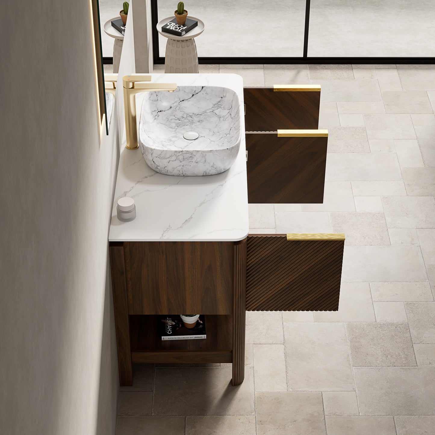 INDIGO 60" Bathroom Vanity&Sinks, Freestanding Plywood Storage Cabinet with 4 Diagonal Striped Doors&Open Shelf, 2 Marble Pattern Ceramic Basins&Carrara White Sintered Stone Top, Dark Walnut Woodgrain