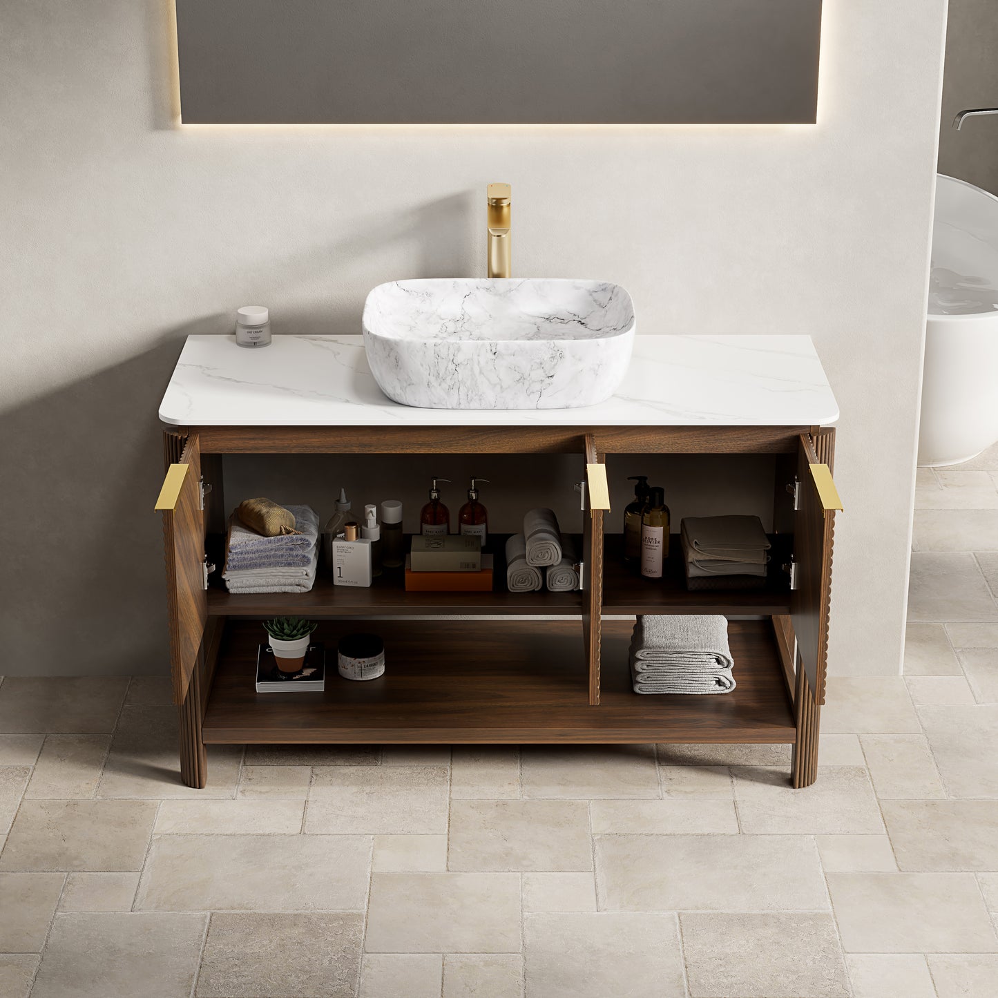 INDIGO 60" Bathroom Vanity&Sinks, Freestanding Plywood Storage Cabinet with 4 Diagonal Striped Doors&Open Shelf, 2 Marble Pattern Ceramic Basins&Carrara White Sintered Stone Top, Dark Walnut Woodgrain