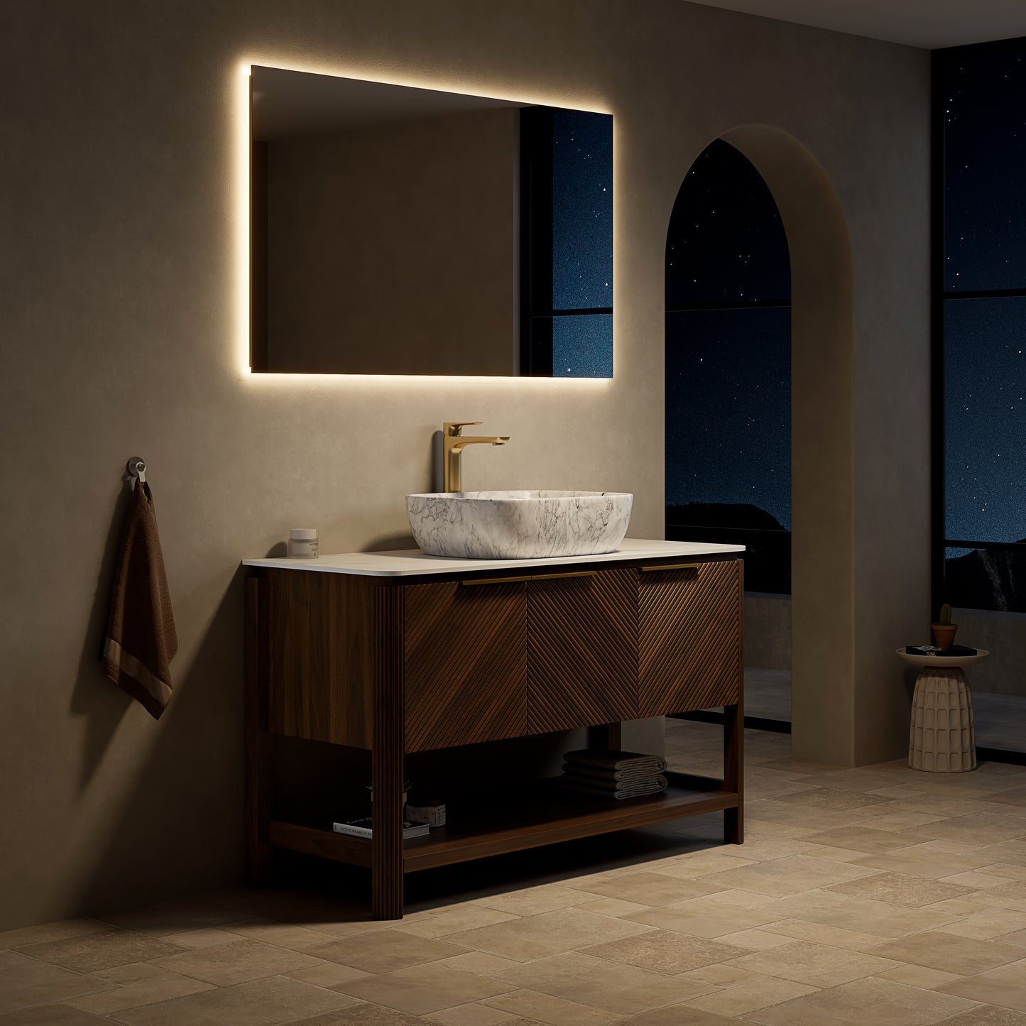 INDIGO 60" Bathroom Vanity&Sinks, Freestanding Plywood Storage Cabinet with 4 Diagonal Striped Doors&Open Shelf, 2 Marble Pattern Ceramic Basins&Carrara White Sintered Stone Top, Dark Walnut Woodgrain