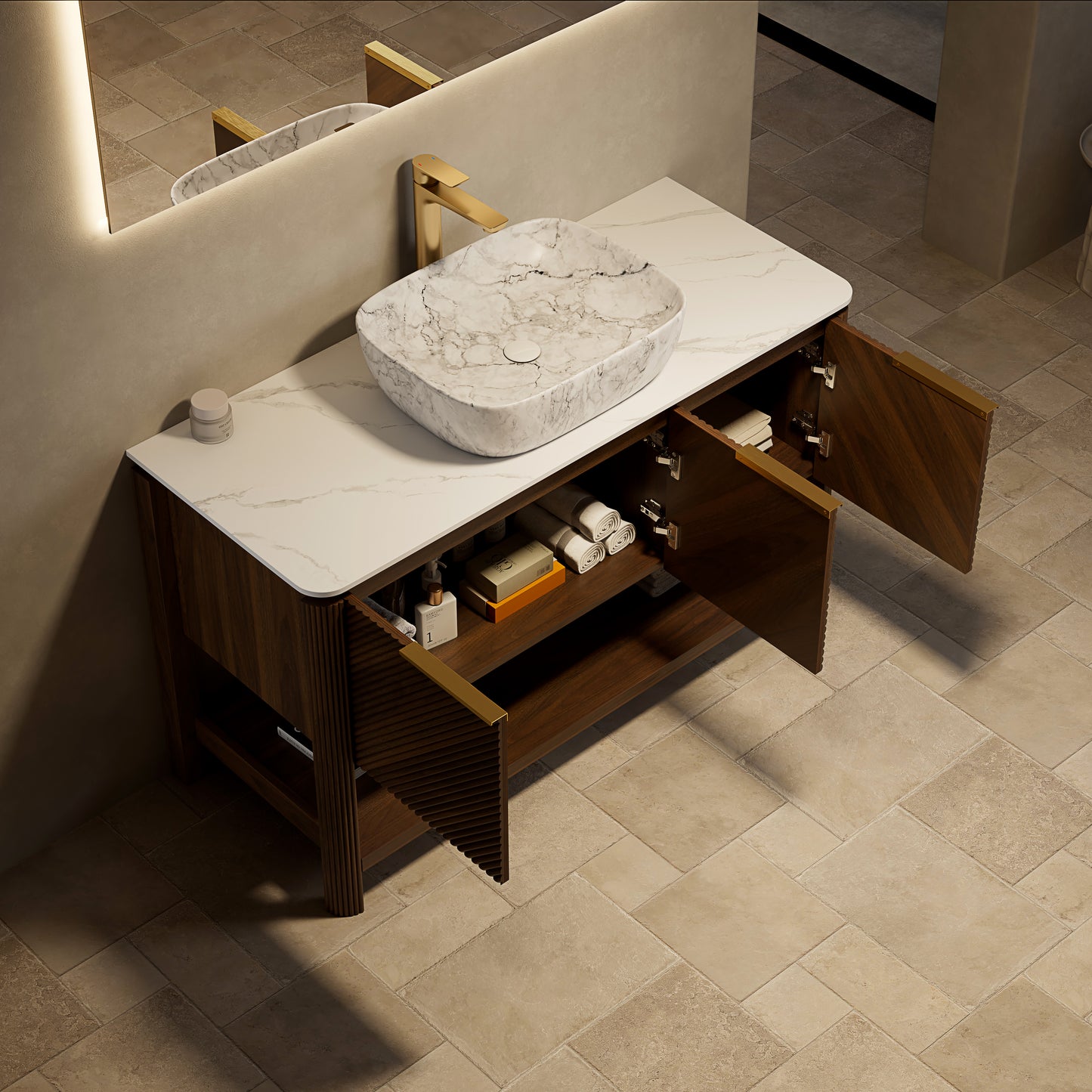 INDIGO 60" Bathroom Vanity&Sinks, Freestanding Plywood Storage Cabinet with 4 Diagonal Striped Doors&Open Shelf, 2 Marble Pattern Ceramic Basins&Carrara White Sintered Stone Top, Dark Walnut Woodgrain