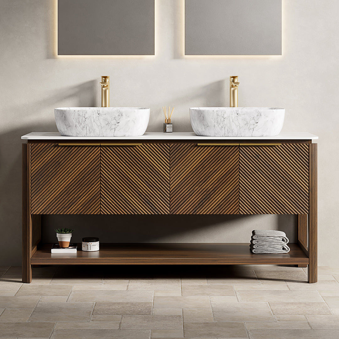 INDIGO 60" Bathroom Vanity&Sinks, Freestanding Plywood Storage Cabinet with 4 Diagonal Striped Doors&Open Shelf, 2 Marble Pattern Ceramic Basins&Carrara White Sintered Stone Top, Dark Walnut Woodgrain