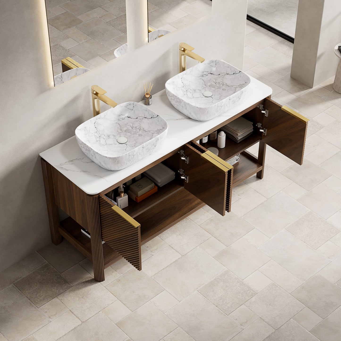 INDIGO 60" Bathroom Vanity&Sinks, Freestanding Plywood Storage Cabinet with 4 Diagonal Striped Doors&Open Shelf, 2 Marble Pattern Ceramic Basins&Carrara White Sintered Stone Top, Dark Walnut Woodgrain