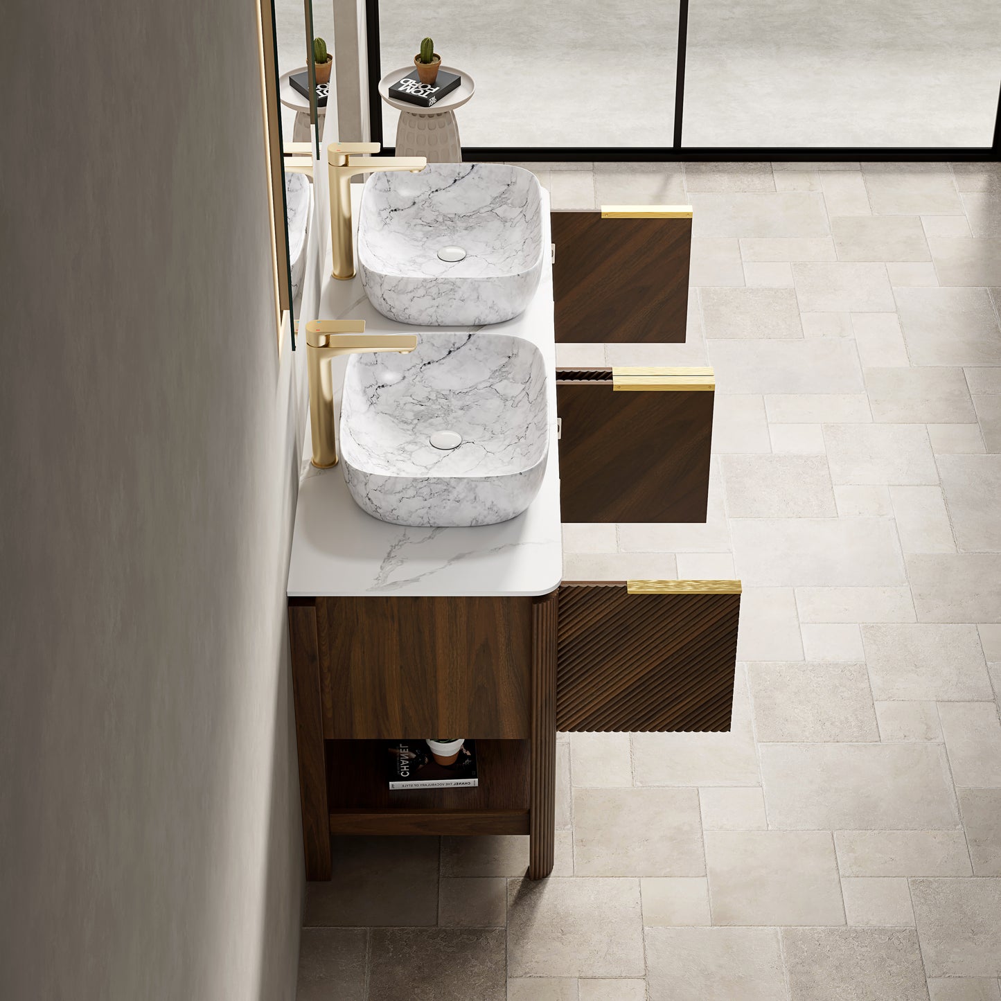 INDIGO 60" Bathroom Vanity&Sinks, Freestanding Plywood Storage Cabinet with 4 Diagonal Striped Doors&Open Shelf, 2 Marble Pattern Ceramic Basins&Carrara White Sintered Stone Top, Dark Walnut Woodgrain