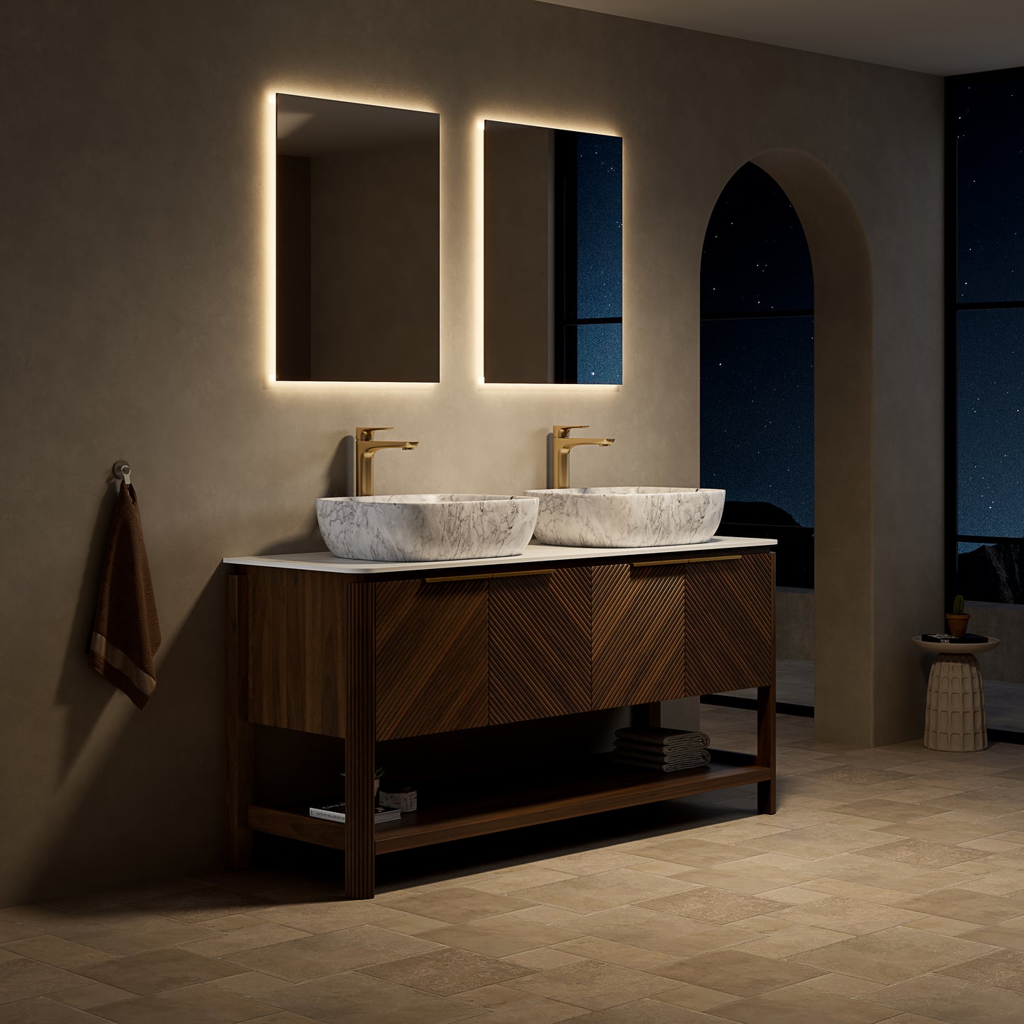 INDIGO 60" Bathroom Vanity&Sinks, Freestanding Plywood Storage Cabinet with 4 Diagonal Striped Doors&Open Shelf, 2 Marble Pattern Ceramic Basins&Carrara White Sintered Stone Top, Dark Walnut Woodgrain