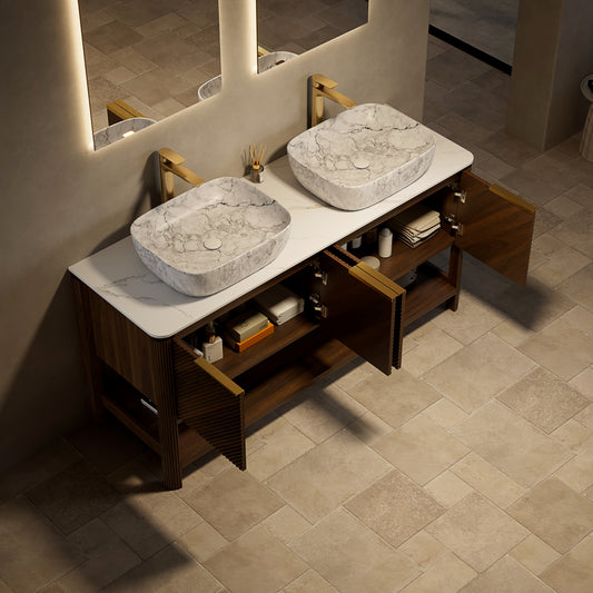 INDIGO 60" Bathroom Vanity&Sinks, Freestanding Plywood Storage Cabinet with 4 Diagonal Striped Doors&Open Shelf, 2 Marble Pattern Ceramic Basins&Carrara White Sintered Stone Top, Dark Walnut Woodgrain