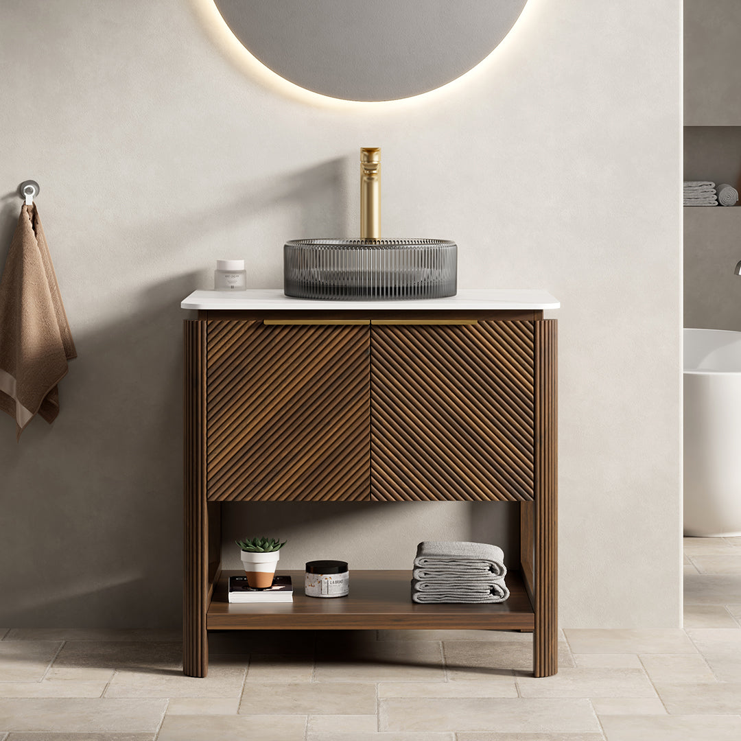 INDIGO 36" Bathroom Vanity&Sink, Freestanding Plywood Storage Cabinet with 2 Diagonal Striped Doors&Open Shelf, Black Transport Glass Basin&Carrara White Sintered Stone Top, Dark Walnut Woodgrain
