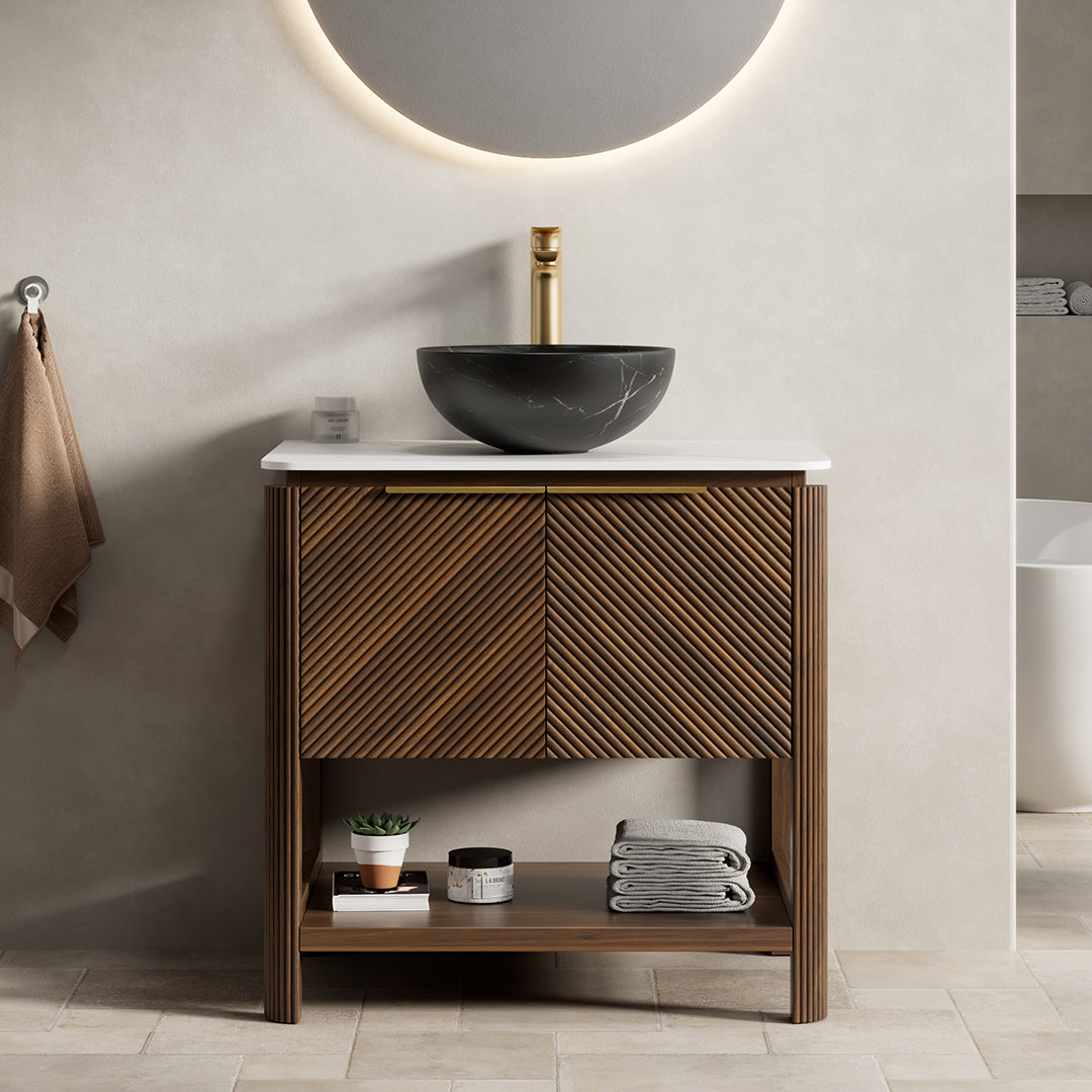 INDIGO 36" Bathroom Vanity&Sink, Freestanding Plywood Storage Cabinet with 2 Diagonal Doors&Open Shelf, Black Stone Pattern Ceramic Basin&Carrara White Sintered Stone Top, Dark Walnut Woodgrain