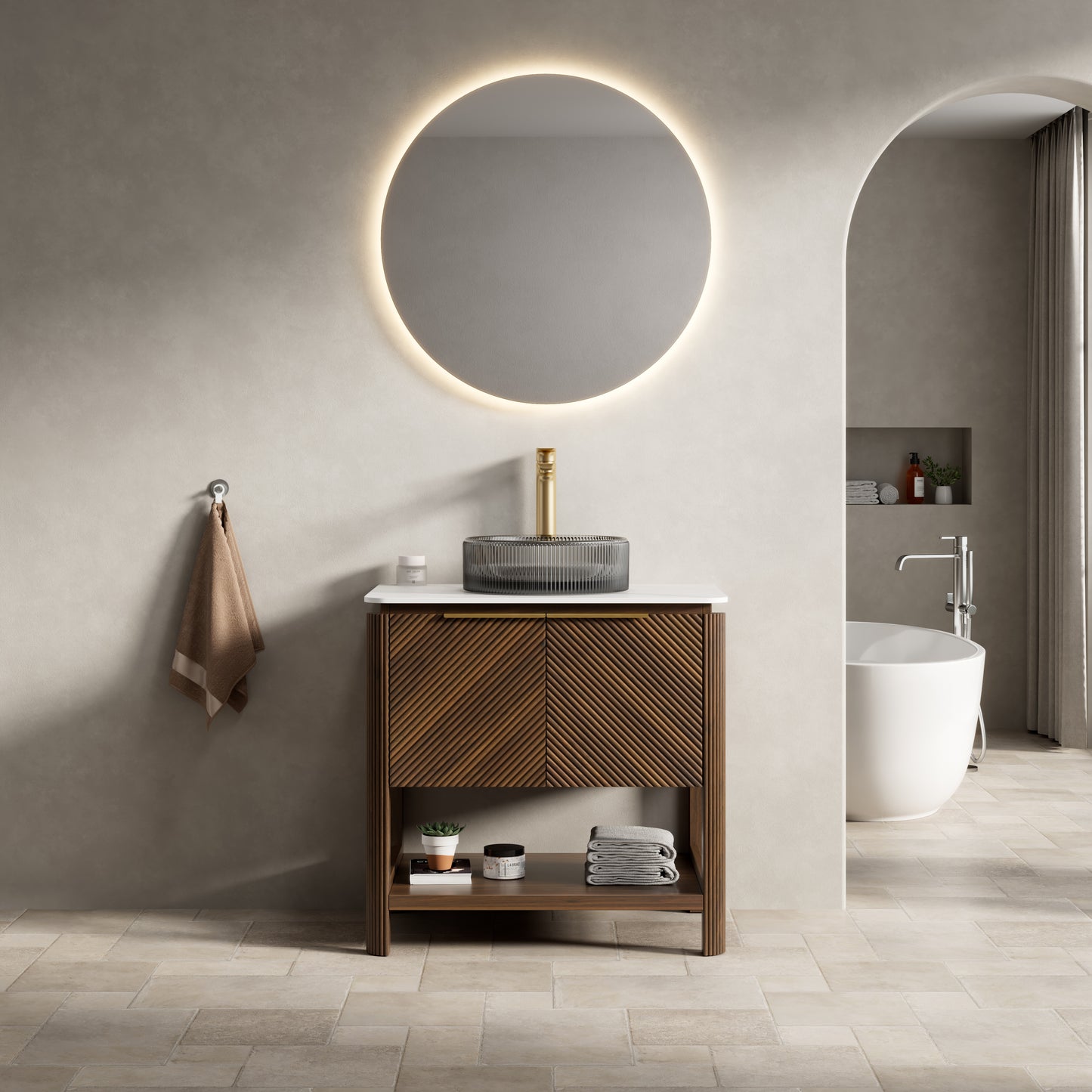 INDIGO 36" Bathroom Vanity&Sink, Freestanding Plywood Storage Cabinet with 2 Diagonal Striped Doors&Open Shelf, Black Transport Glass Basin&Carrara White Sintered Stone Top, Dark Walnut Woodgrain