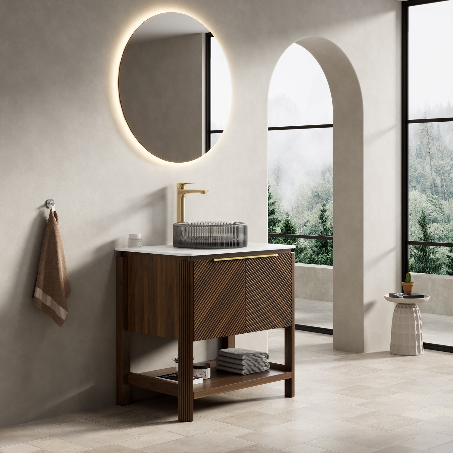 INDIGO 36" Bathroom Vanity&Sink, Freestanding Plywood Storage Cabinet with 2 Diagonal Striped Doors&Open Shelf, Black Transport Glass Basin&Carrara White Sintered Stone Top, Dark Walnut Woodgrain