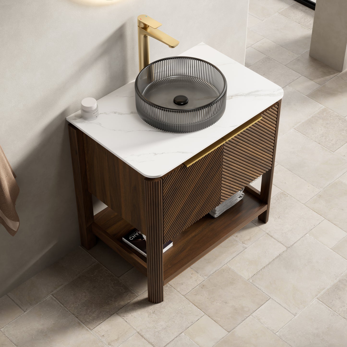 INDIGO 36" Bathroom Vanity&Sink, Freestanding Plywood Storage Cabinet with 2 Diagonal Striped Doors&Open Shelf, Black Transport Glass Basin&Carrara White Sintered Stone Top, Dark Walnut Woodgrain