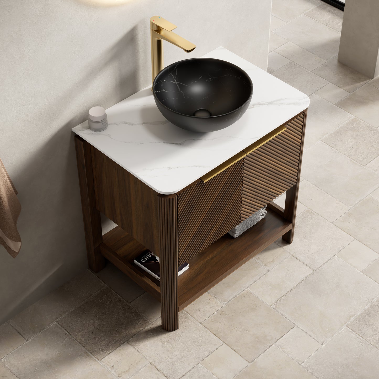 INDIGO 36" Bathroom Vanity&Sink, Freestanding Plywood Storage Cabinet with 2 Diagonal Doors&Open Shelf, Black Stone Pattern Ceramic Basin&Carrara White Sintered Stone Top, Dark Walnut Woodgrain