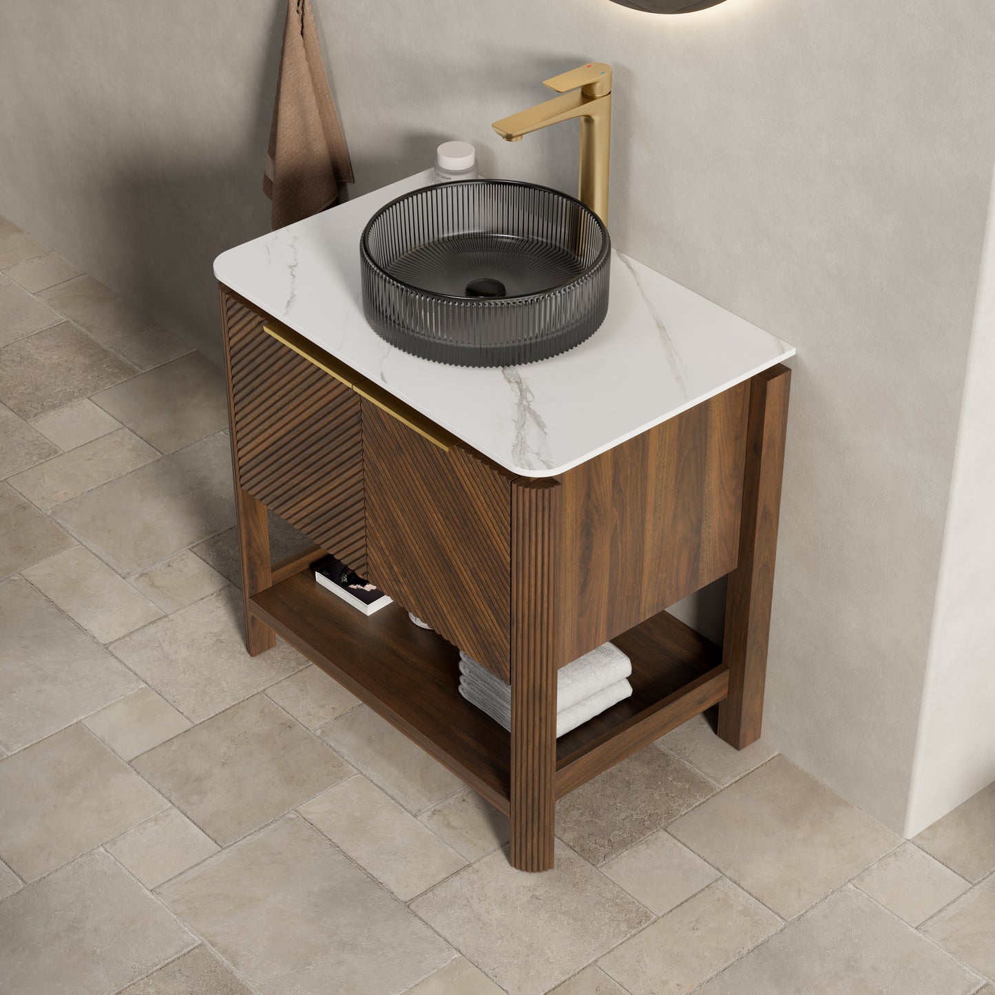 INDIGO 36" Bathroom Vanity&Sink, Freestanding Plywood Storage Cabinet with 2 Diagonal Striped Doors&Open Shelf, Black Transport Glass Basin&Carrara White Sintered Stone Top, Dark Walnut Woodgrain