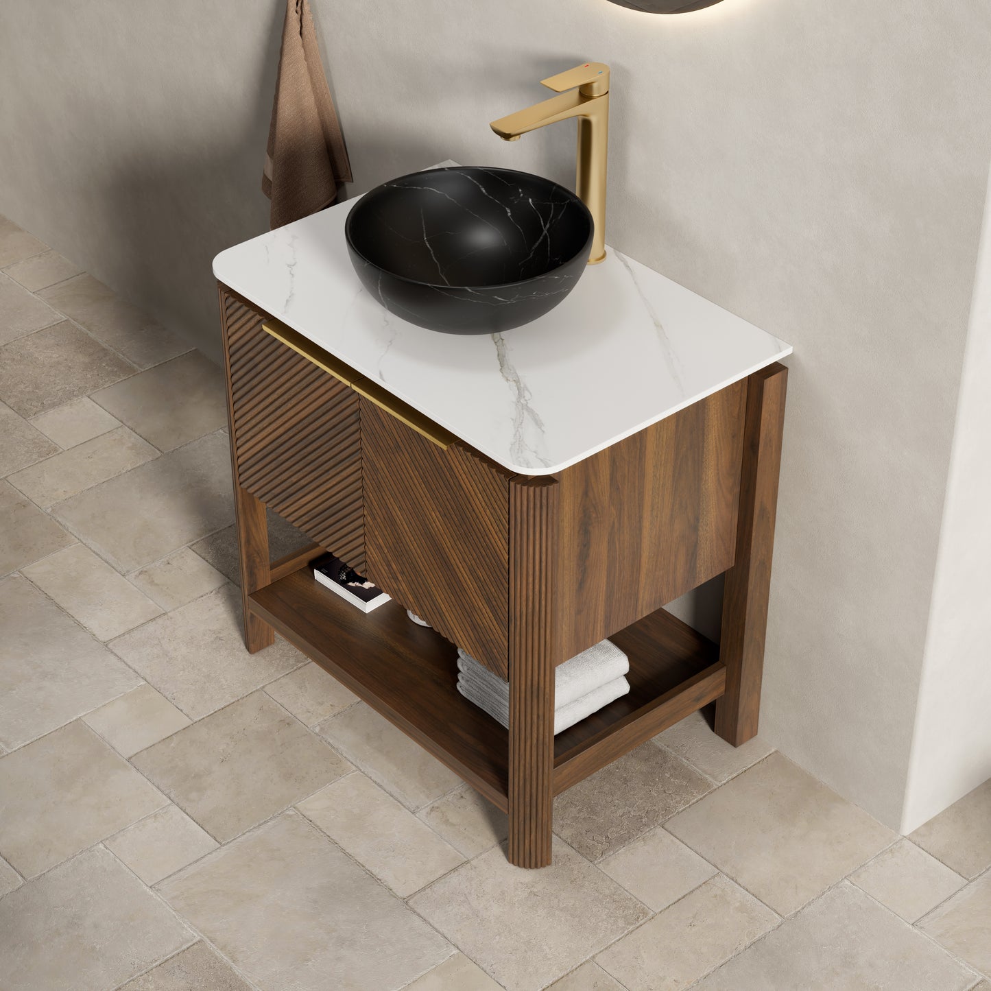 INDIGO 36" Bathroom Vanity&Sink, Freestanding Plywood Storage Cabinet with 2 Diagonal Doors&Open Shelf, Black Stone Pattern Ceramic Basin&Carrara White Sintered Stone Top, Dark Walnut Woodgrain