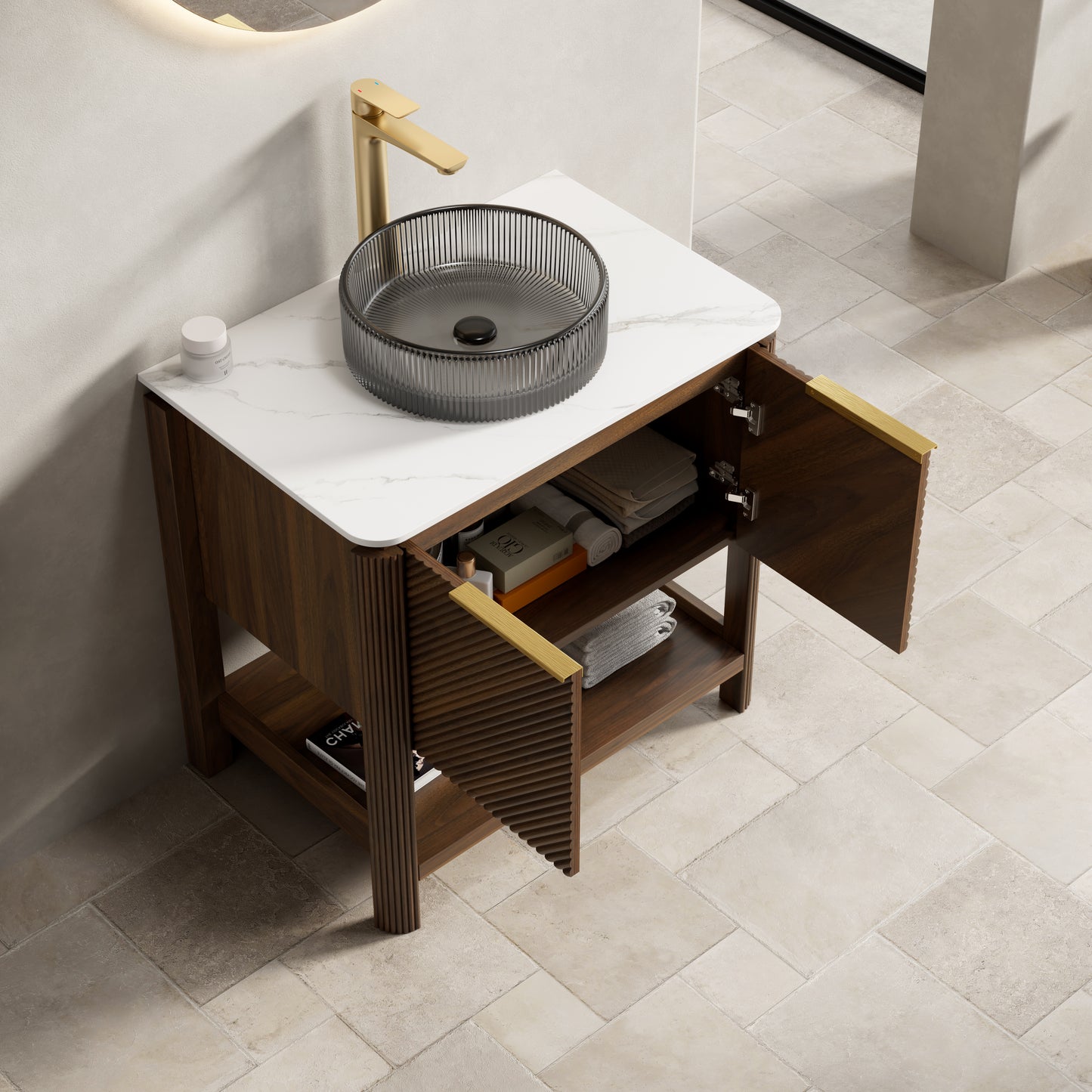 INDIGO 36" Bathroom Vanity&Sink, Freestanding Plywood Storage Cabinet with 2 Diagonal Striped Doors&Open Shelf, Black Transport Glass Basin&Carrara White Sintered Stone Top, Dark Walnut Woodgrain
