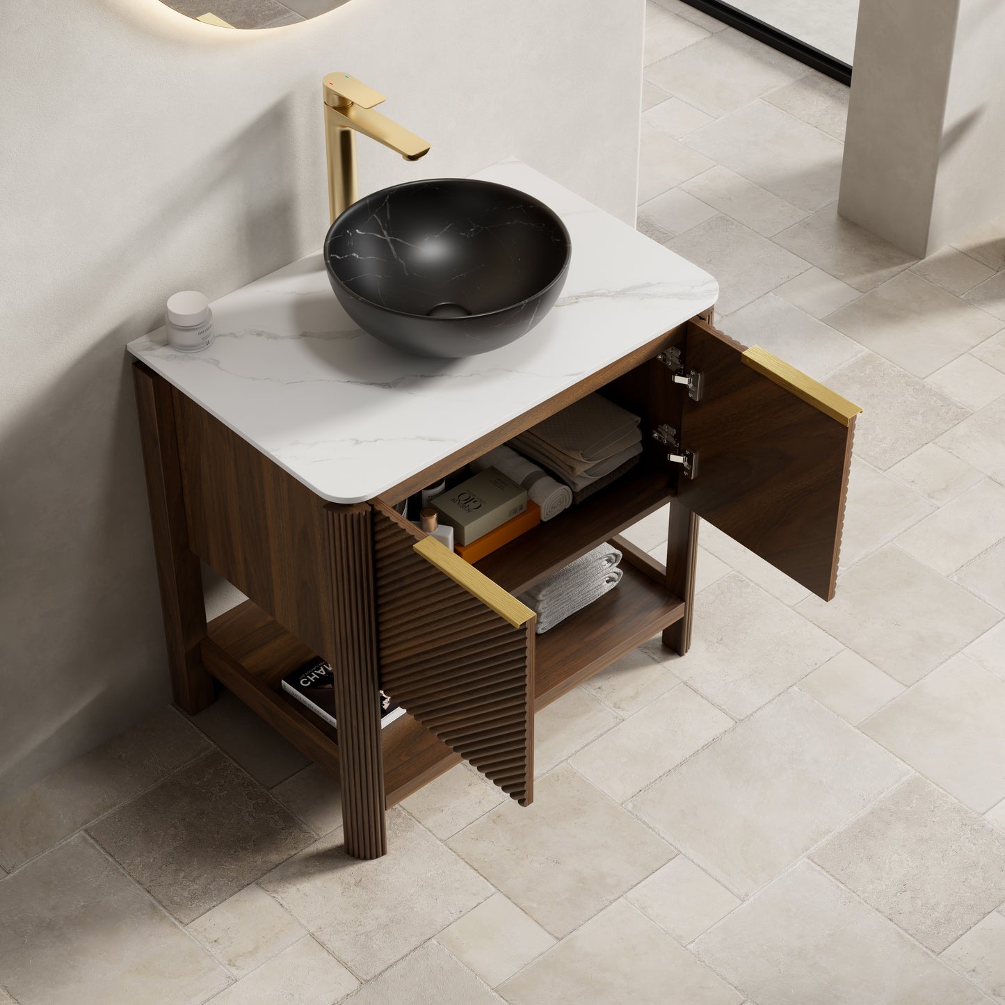 INDIGO 36" Bathroom Vanity&Sink, Freestanding Plywood Storage Cabinet with 2 Diagonal Doors&Open Shelf, Black Stone Pattern Ceramic Basin&Carrara White Sintered Stone Top, Dark Walnut Woodgrain