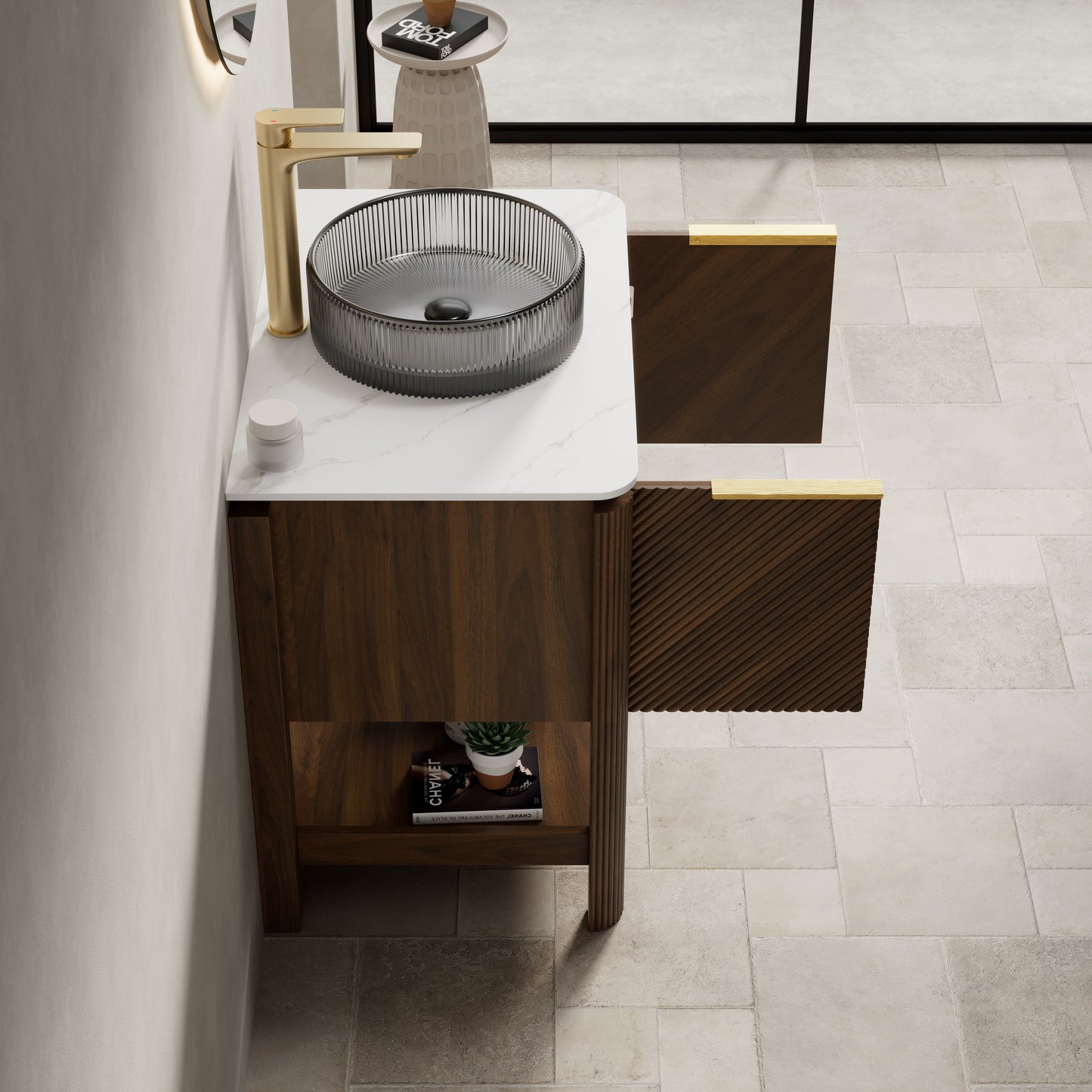 INDIGO 36" Bathroom Vanity&Sink, Freestanding Plywood Storage Cabinet with 2 Diagonal Striped Doors&Open Shelf, Black Transport Glass Basin&Carrara White Sintered Stone Top, Dark Walnut Woodgrain