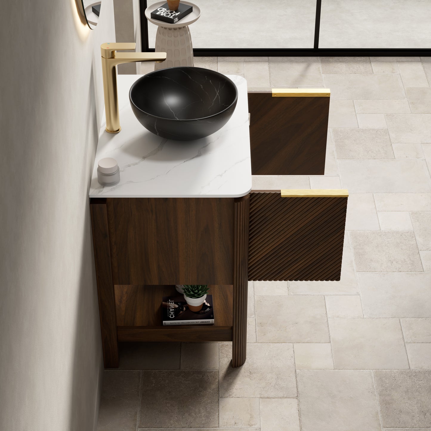 INDIGO 36" Bathroom Vanity&Sink, Freestanding Plywood Storage Cabinet with 2 Diagonal Doors&Open Shelf, Black Stone Pattern Ceramic Basin&Carrara White Sintered Stone Top, Dark Walnut Woodgrain