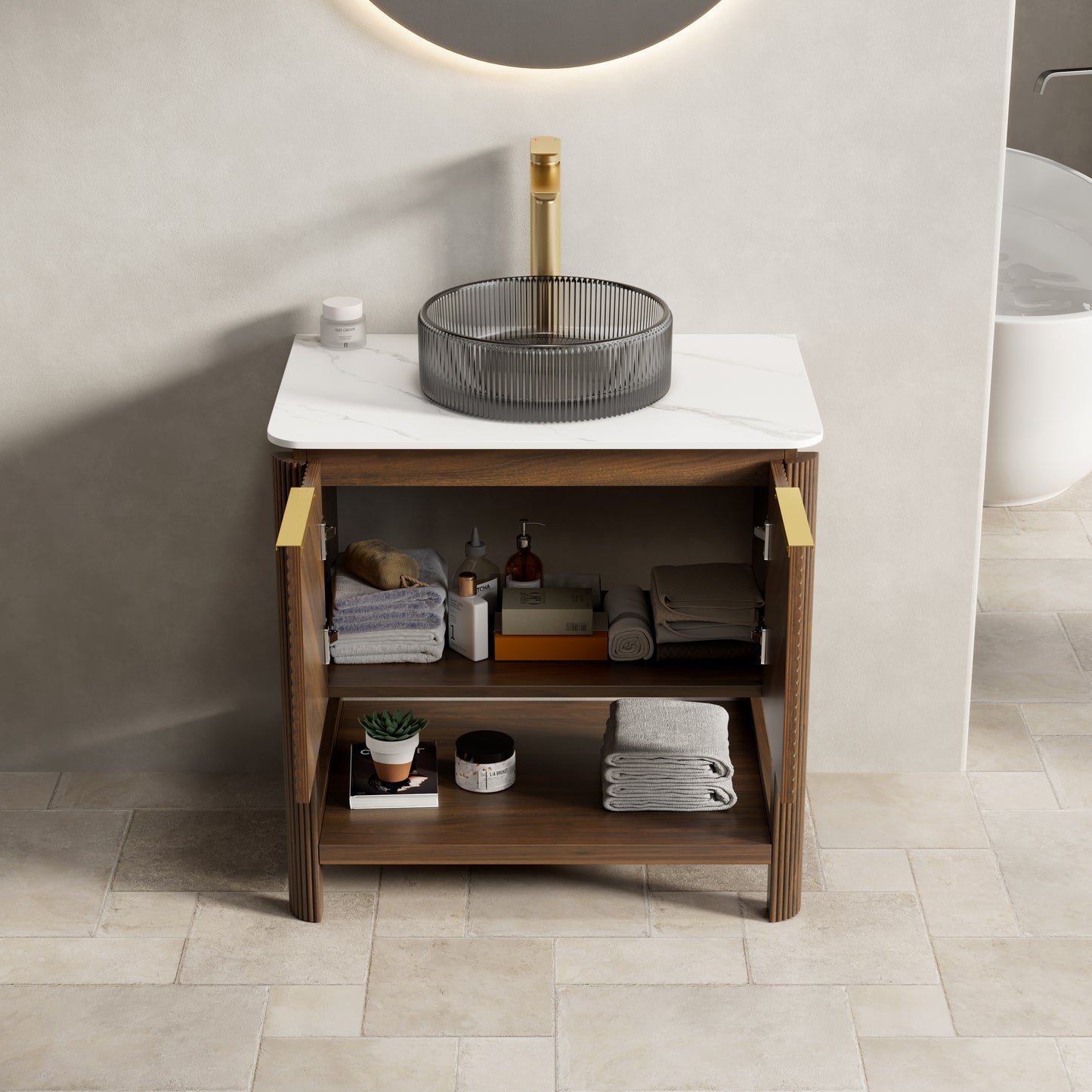 INDIGO 36" Bathroom Vanity&Sink, Freestanding Plywood Storage Cabinet with 2 Diagonal Striped Doors&Open Shelf, Black Transport Glass Basin&Carrara White Sintered Stone Top, Dark Walnut Woodgrain