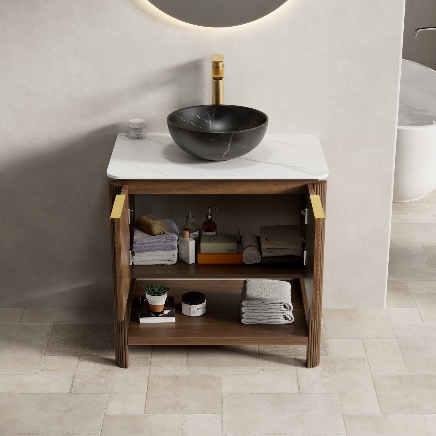 INDIGO 36" Bathroom Vanity&Sink, Freestanding Plywood Storage Cabinet with 2 Diagonal Doors&Open Shelf, Black Stone Pattern Ceramic Basin&Carrara White Sintered Stone Top, Dark Walnut Woodgrain