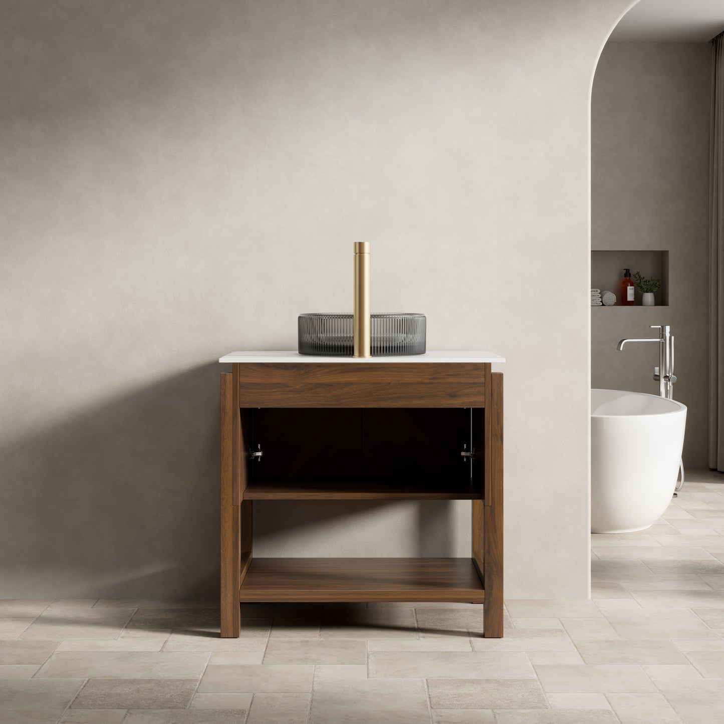 INDIGO 36" Bathroom Vanity&Sink, Freestanding Plywood Storage Cabinet with 2 Diagonal Striped Doors&Open Shelf, Black Transport Glass Basin&Carrara White Sintered Stone Top, Dark Walnut Woodgrain